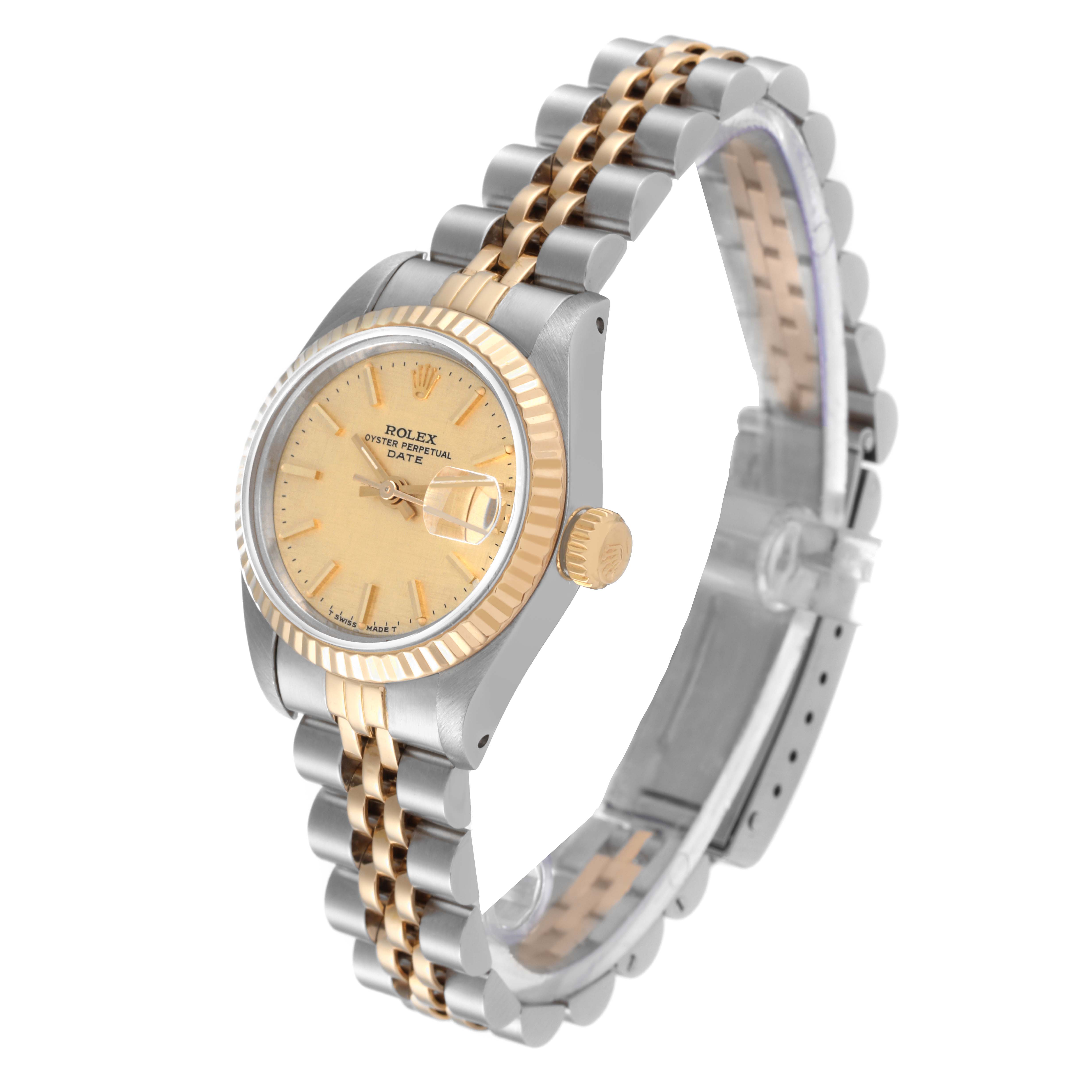 The Rolex Datejust 69173 Women's Steel and Gold (two tone) Champagne Dial 69173 Women's Steel and Gold (two tone) Champagne Dial watch is shown at a three-quarter angle emphasizing the dial, bezel, crown, and bracelet.