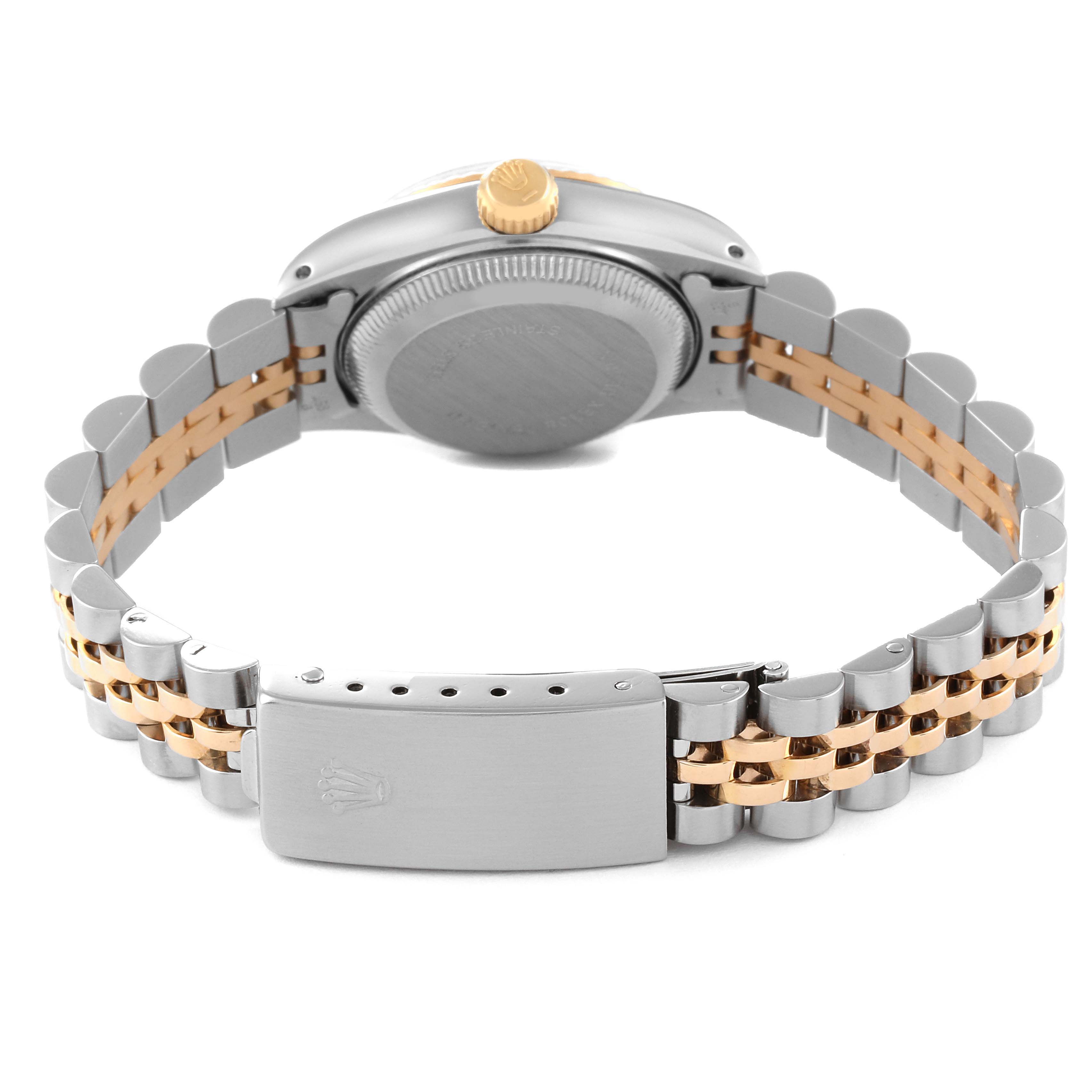 This image shows the back view of a Rolex Datejust 69173 Women's Steel and Gold (two tone) Champagne Dial 69173 Women's Steel and Gold (two tone) Champagne Dial watch, including the case back, crown, and two-tone bracelet with clasp.