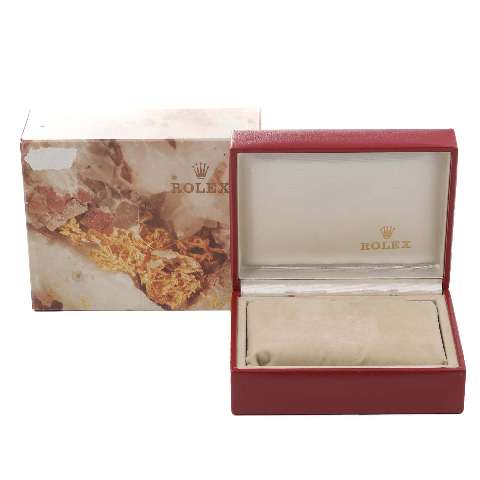 The image shows the packaging and open red case for the Rolex Datejust 69173 Women's Steel and Gold (two tone) Champagne Dial 69173 Women's Steel and Gold (two tone) Champagne Dial watch, prominently featuring Rolex branding.