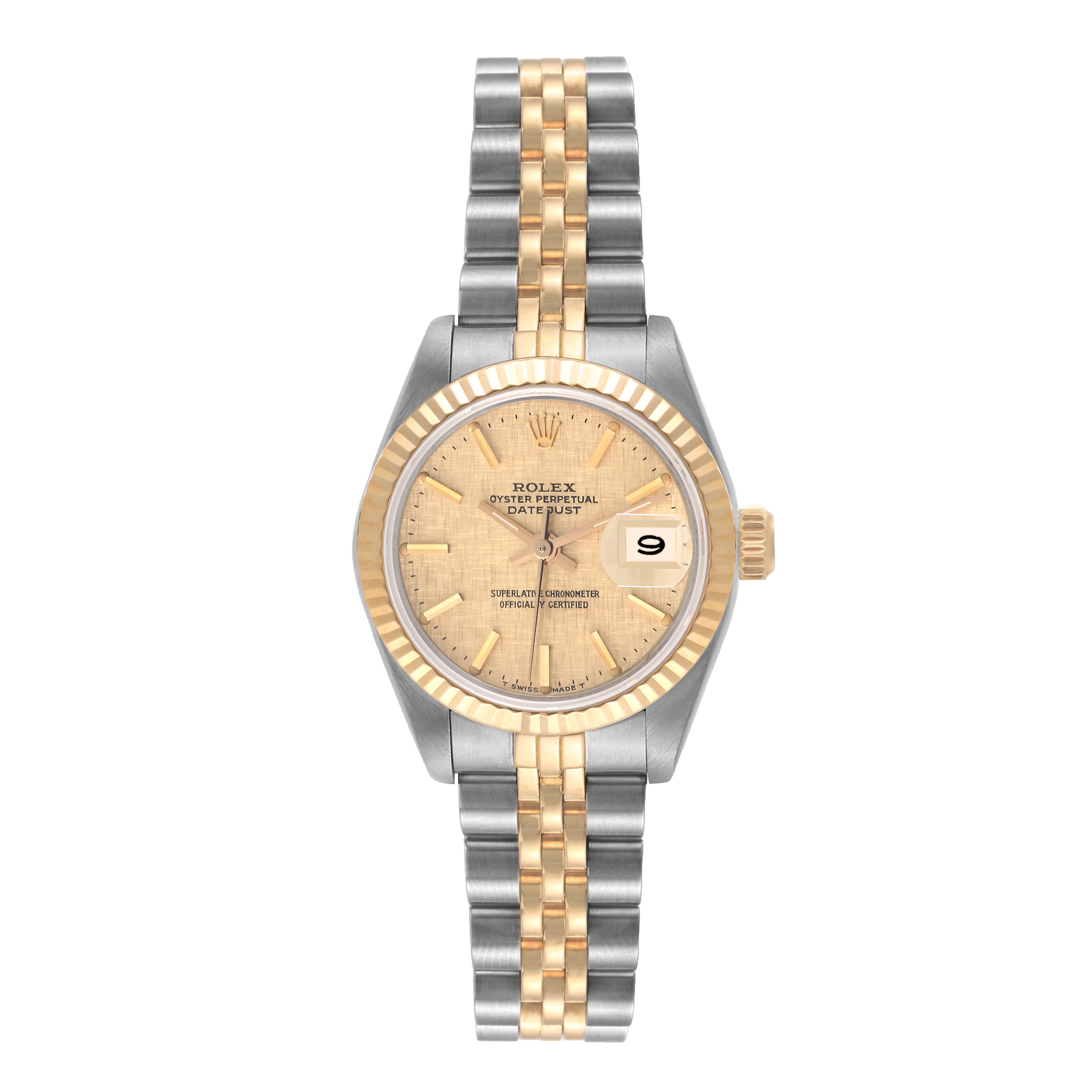 This image shows a Rolex Datejust 69173 Women's Steel and Gold (two tone) Champagne Dial 69173 Women's Steel and Gold (two tone) Champagne Dial watch from the front, highlighting its dial, bezel, and two-tone bracelet.