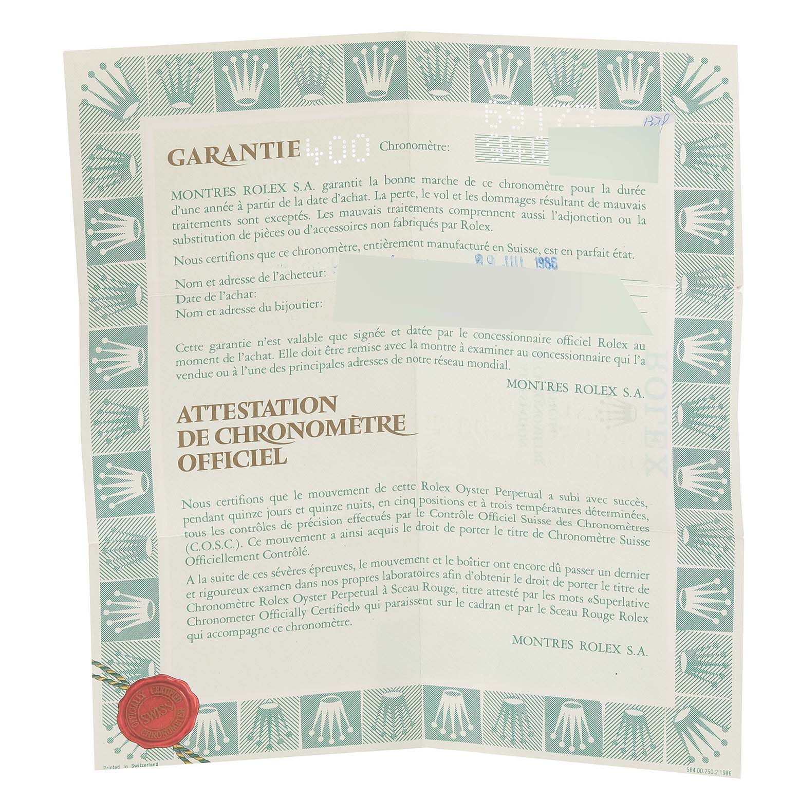 The image shows a warranty and chronometer certification document for a Rolex Datejust 69173 Women's Steel and Gold (two tone) Champagne Dial 69173 Women's Steel and Gold (two tone) Champagne Dial model.