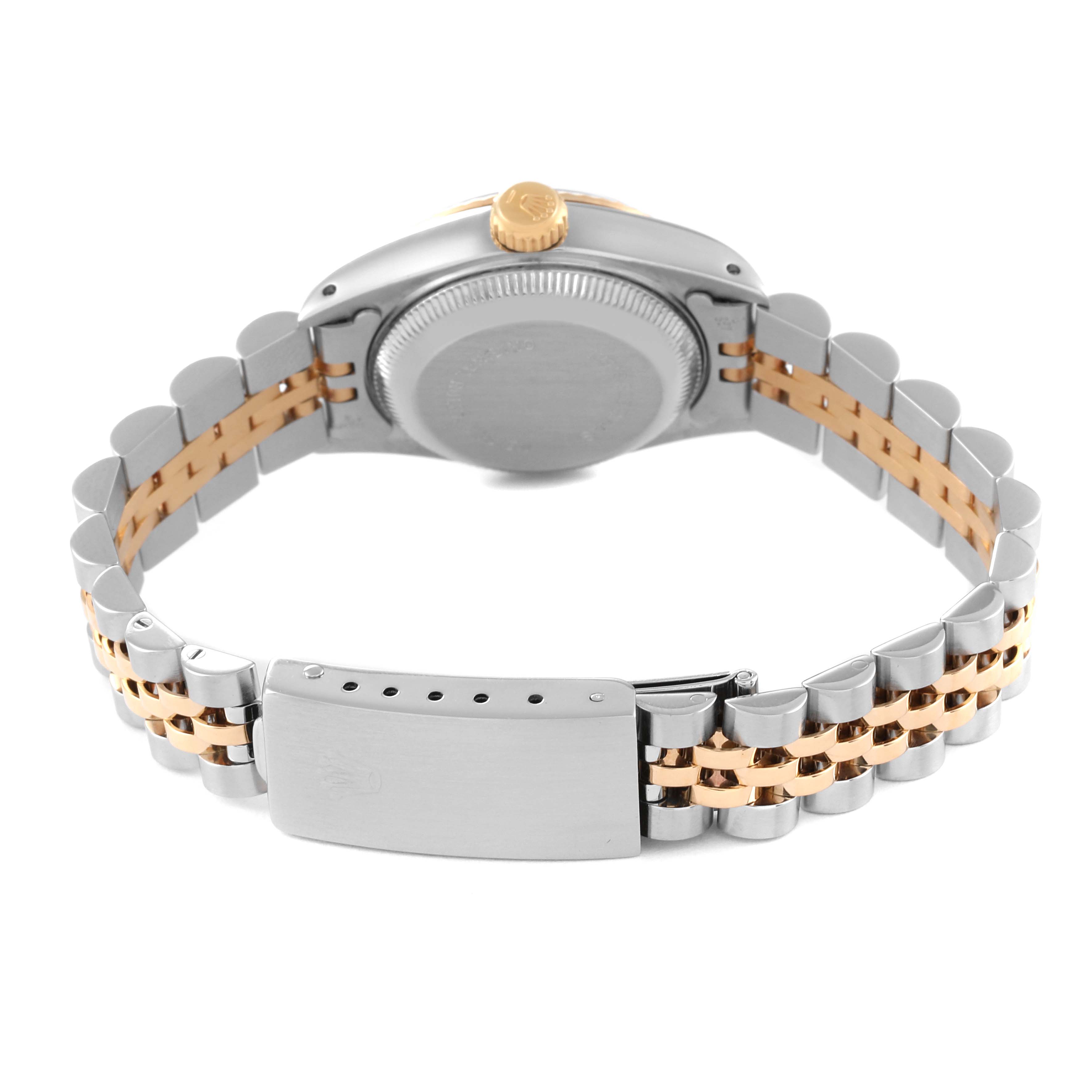 This image shows the back of a Rolex Datejust 69173 Women's Steel and Gold (two tone) Champagne Dial 69173 Women's Steel and Gold (two tone) Champagne Dial watch, focusing on the bracelet and the case back.
