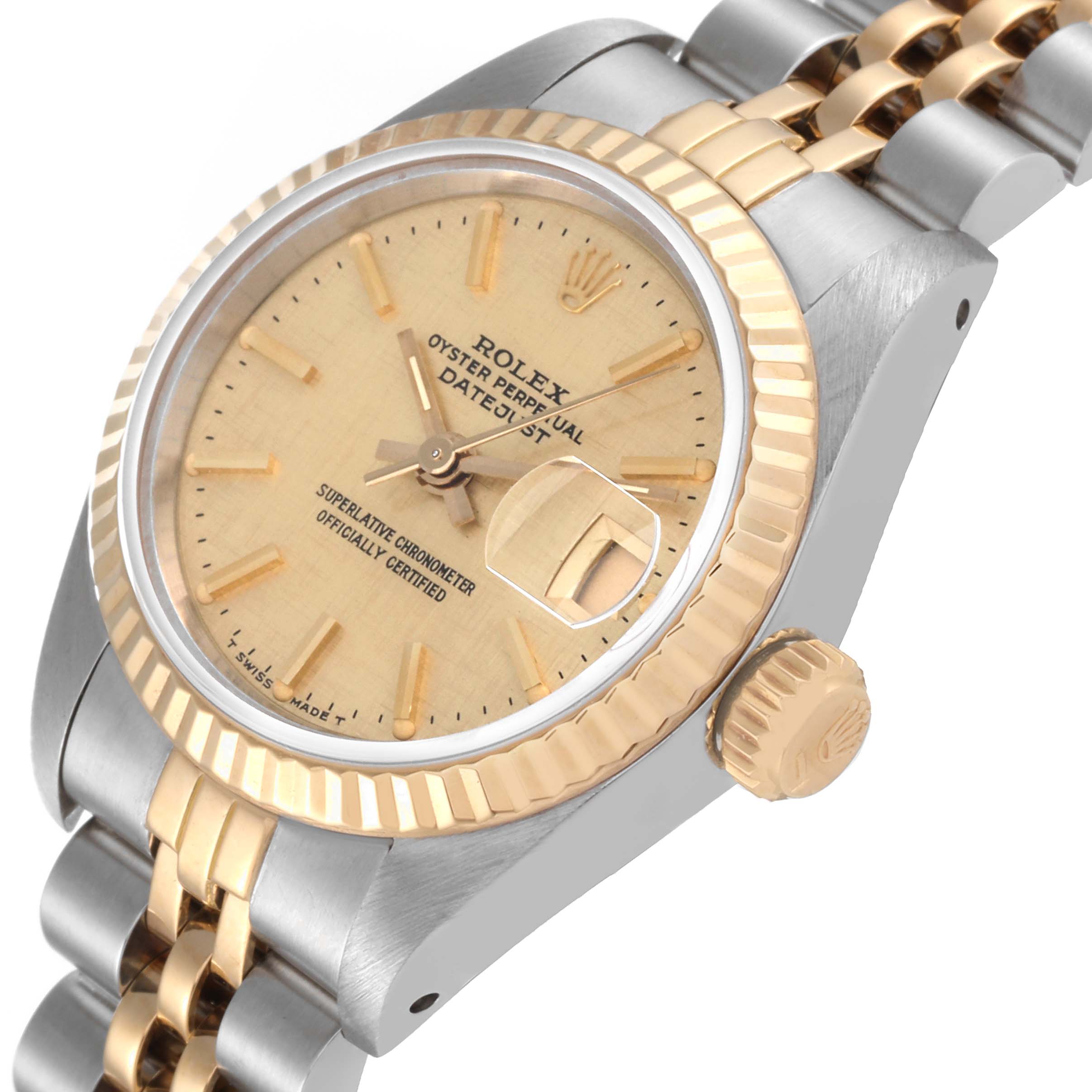 This image shows a close-up angle of a Rolex Datejust 69173 Women's Steel and Gold (two tone) Champagne Dial 69173 Women's Steel and Gold (two tone) Champagne Dial watch, highlighting the dial, bezel, crown, and part of the bracelet.