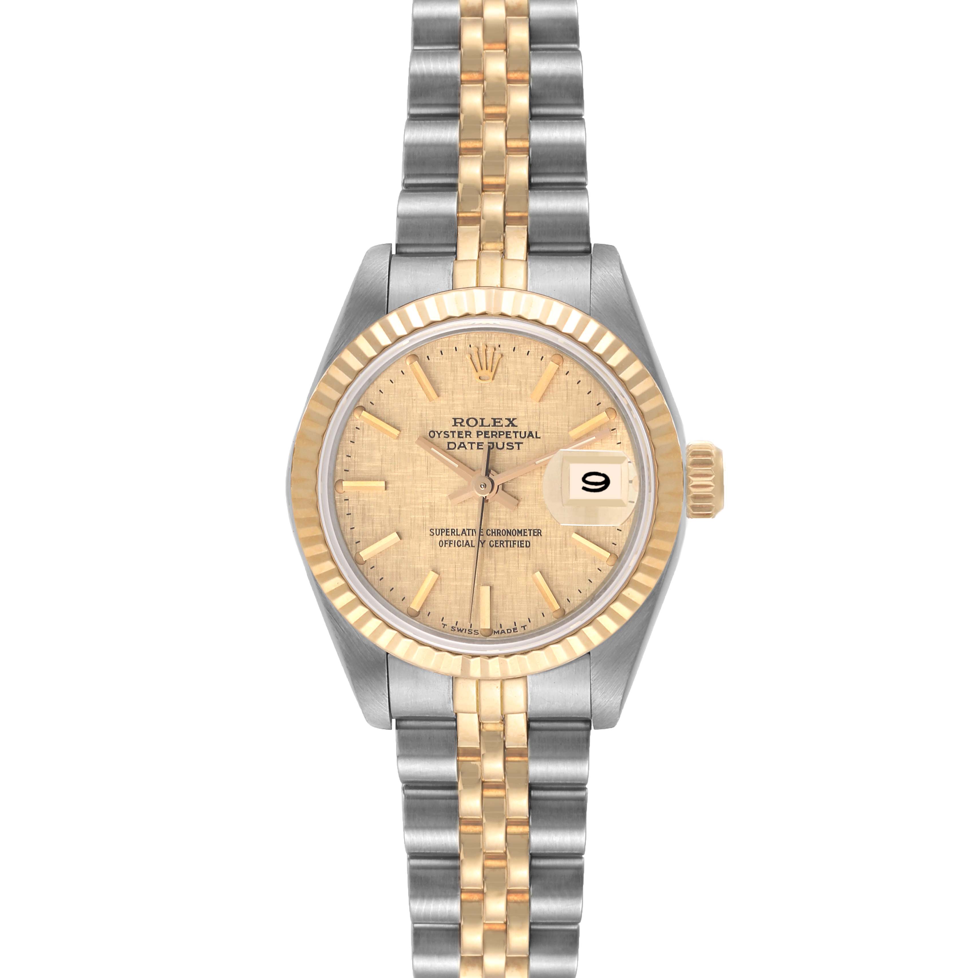 This image shows a frontal view of a Rolex Datejust 69173 Women's Steel and Gold (two tone) Champagne Dial 69173 Women's Steel and Gold (two tone) Champagne Dial watch, highlighting its dial, bezel, crown, and two-tone bracelet.