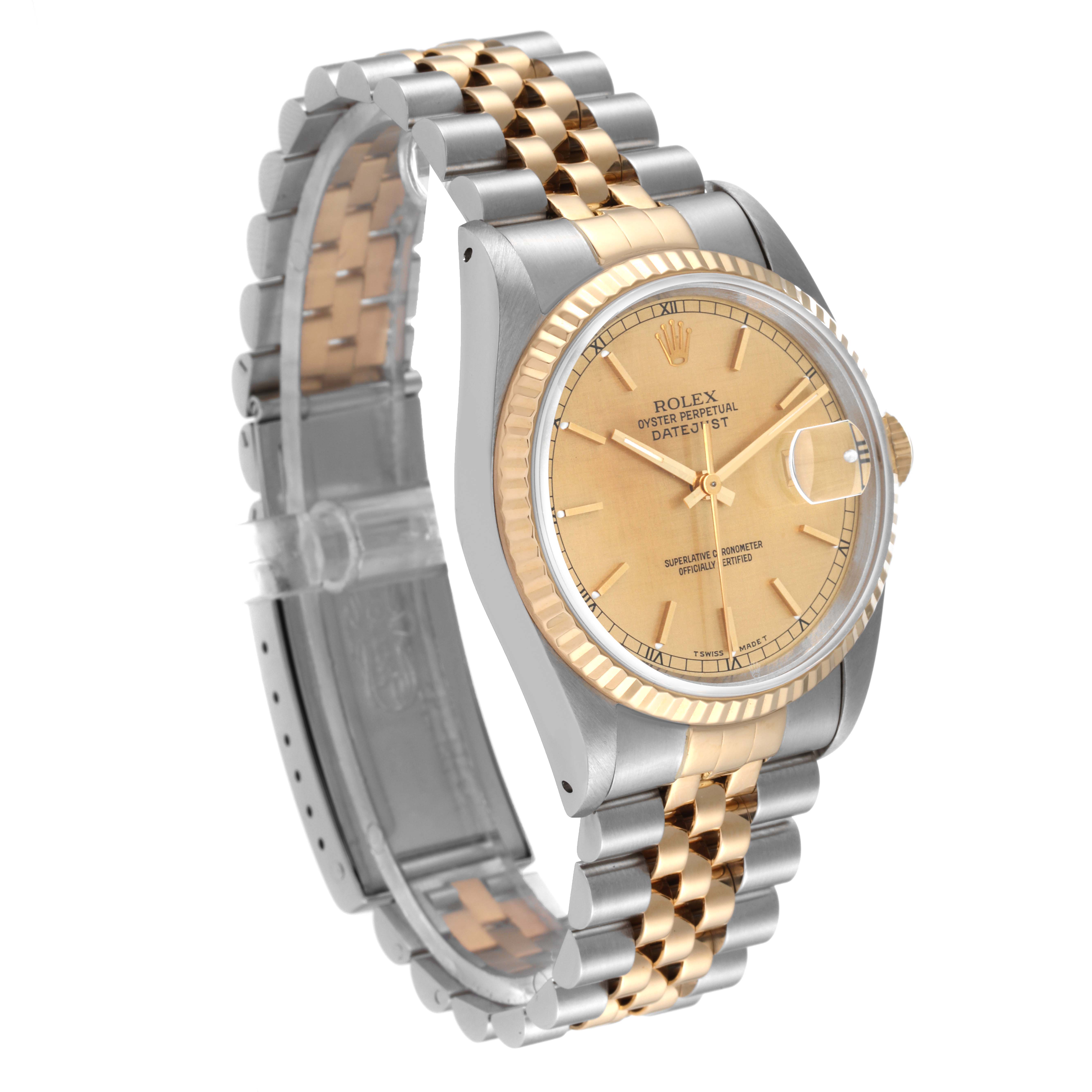 This Rolex Datejust 16233 Men's Steel and Gold (two tone) Champagne Dial 16233 Men's Steel and Gold (two tone) Champagne Dial watch is shown at a three-quarter angle, displaying its two-tone bracelet, fluted bezel, and champagne dial.