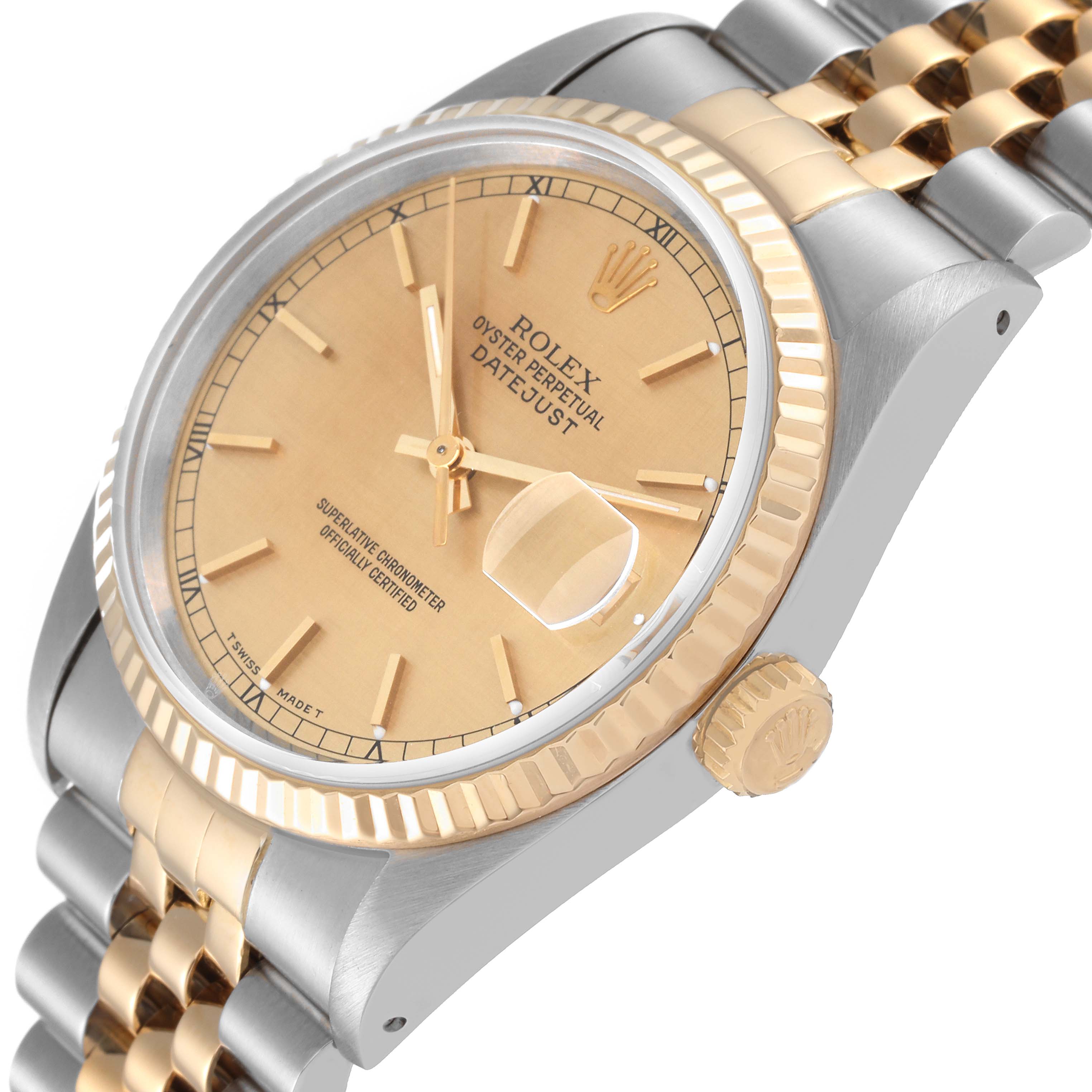 The image shows a Rolex Datejust 16233 Men's Steel and Gold (two tone) Champagne Dial 16233 Men's Steel and Gold (two tone) Champagne Dial watch at an angled close-up, displaying parts of the bezel, dial, crown, and bracelet.