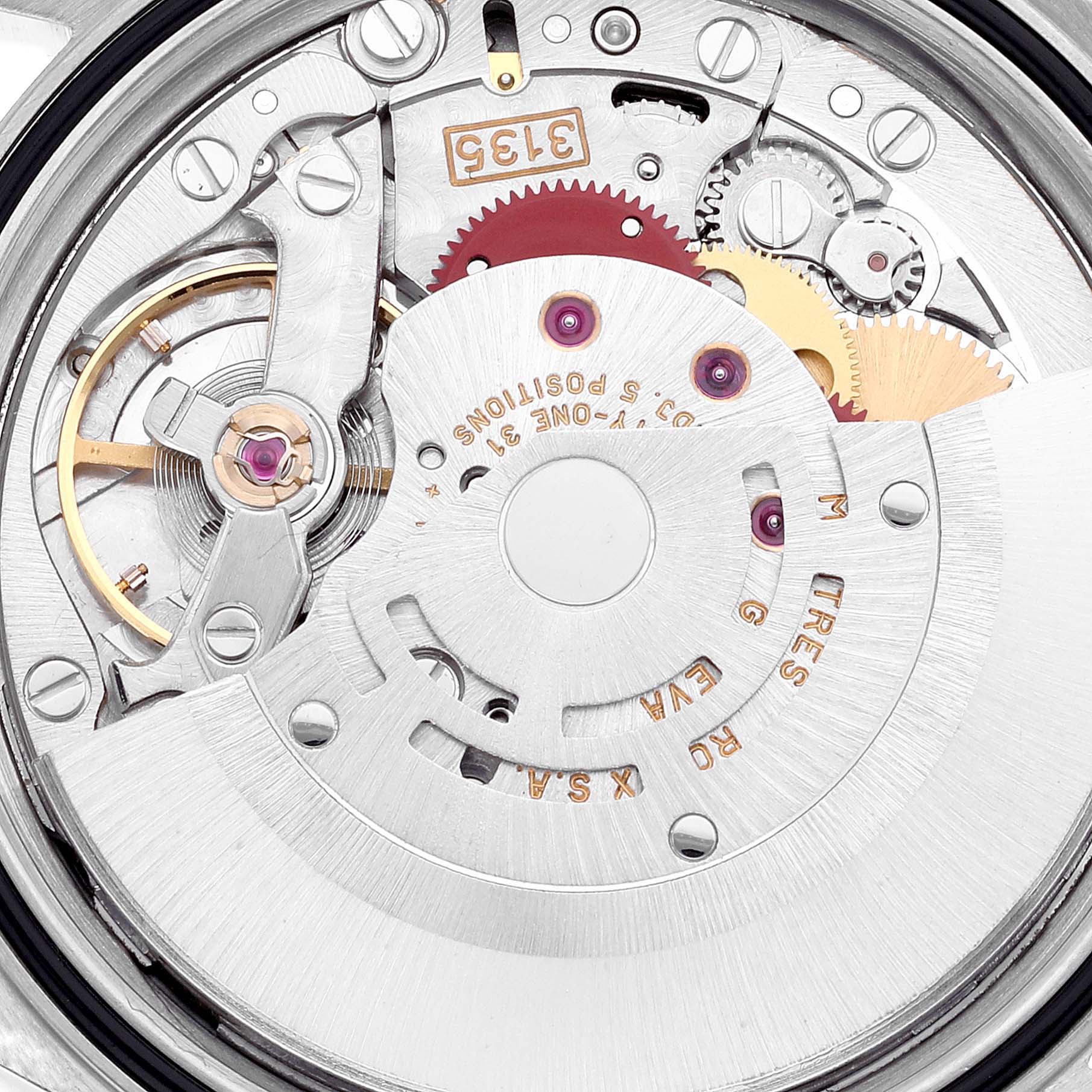 The image shows a detailed close-up of the movement mechanism of a Rolex Datejust 16233 Men's Steel and Gold (two tone) Champagne Dial 16233 Men's Steel and Gold (two tone) Champagne Dial watch.