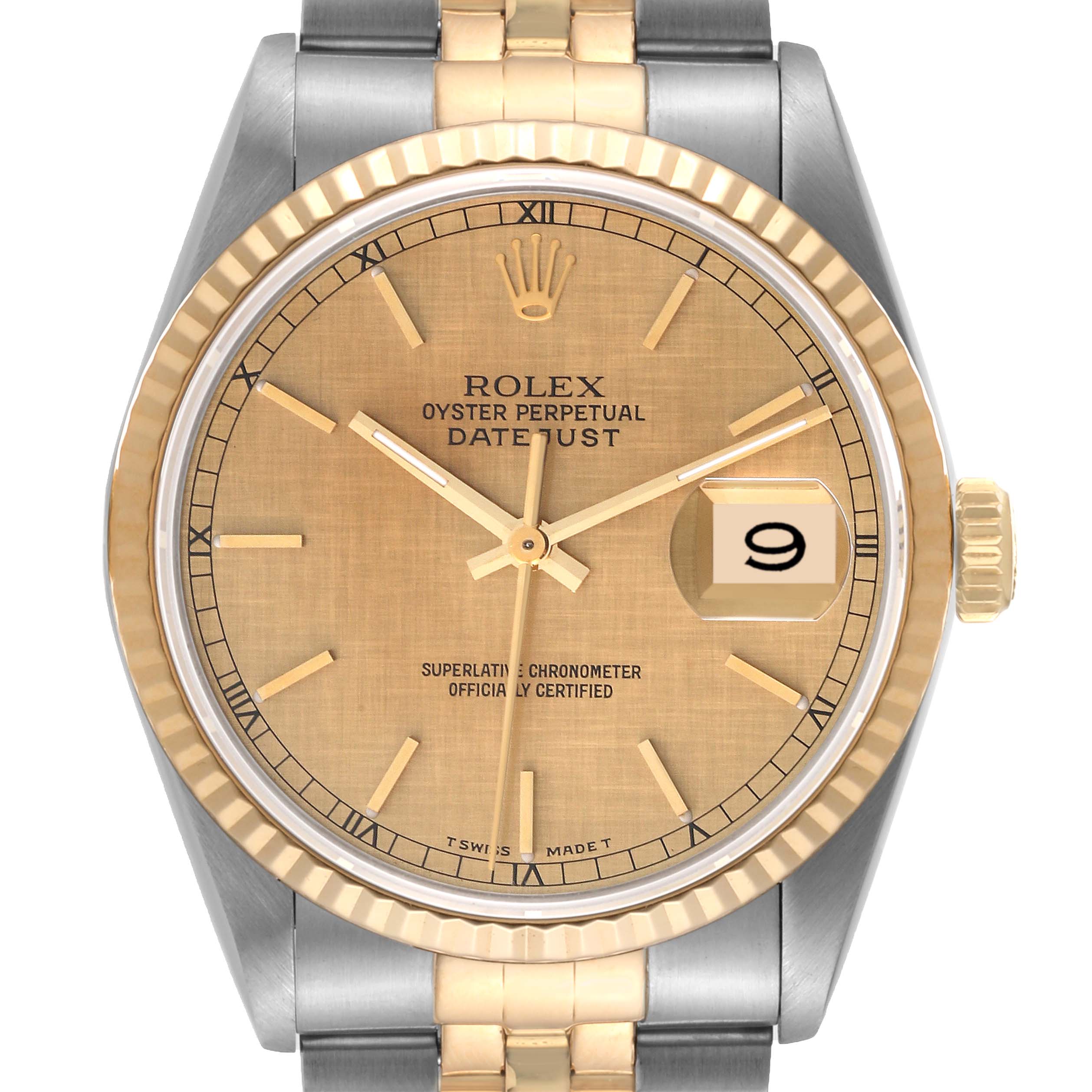 This image shows a frontal view of the Rolex Datejust 16233 Men's Steel and Gold (two tone) Champagne Dial 16233 Men's Steel and Gold (two tone) Champagne Dial watch, highlighting its dial, bezel, and part of the bracelet.