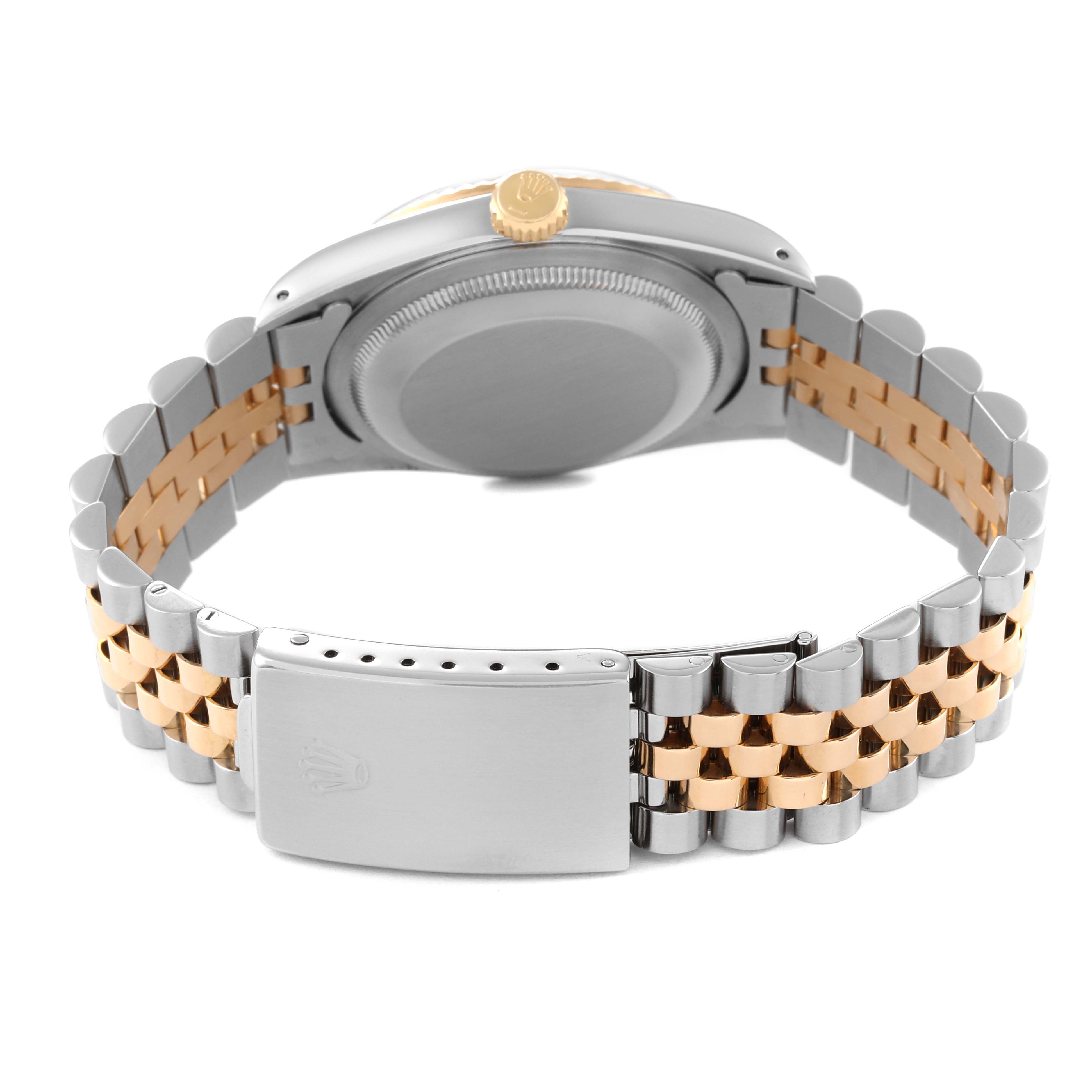 This image shows the back view of a Rolex Datejust 16233 Men's Steel and Gold (two tone) Champagne Dial 16233 Men's Steel and Gold (two tone) Champagne Dial watch, highlighting the clasp, bracelet, and case back.