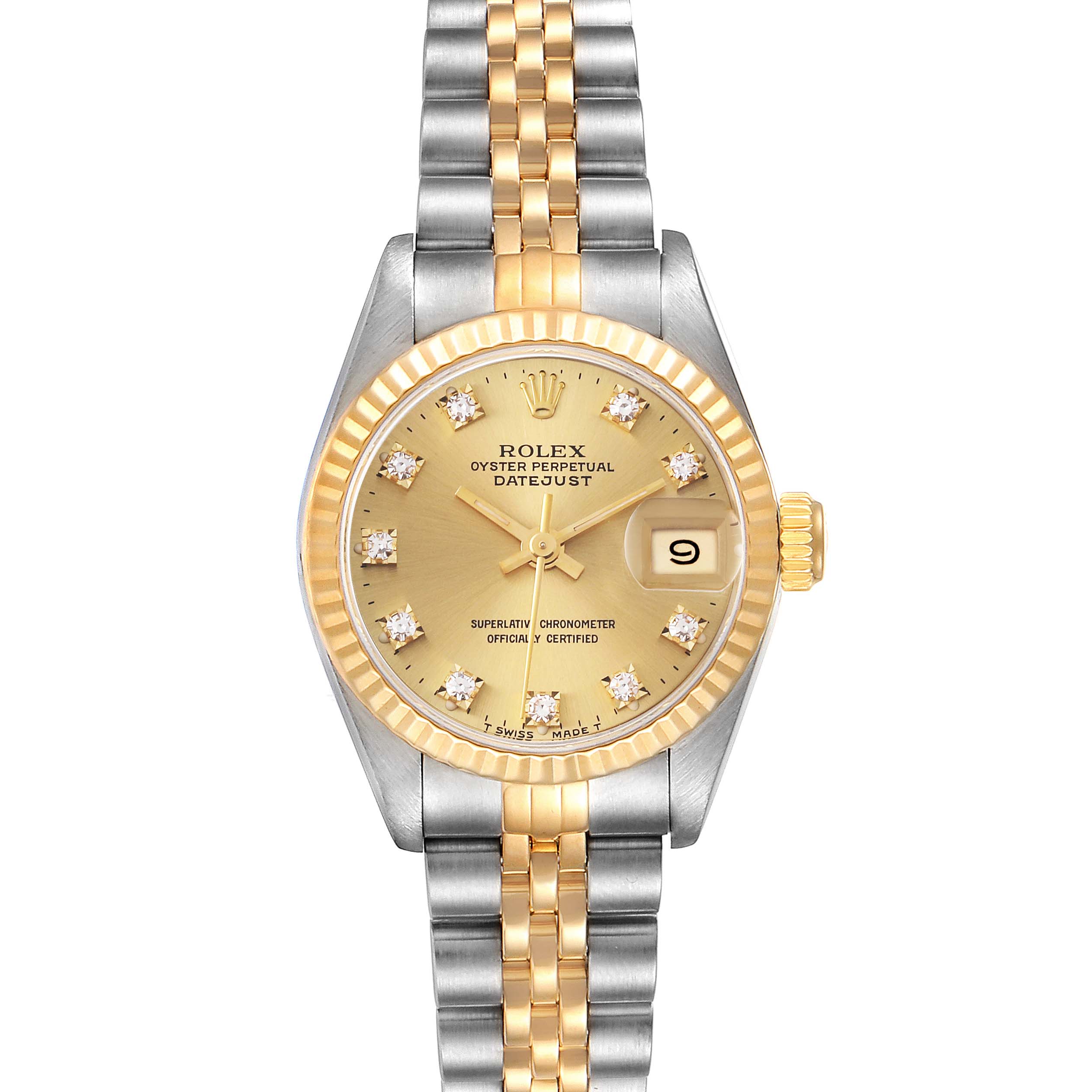The image shows a top-down view of the Rolex Datejust 69173 Women's Steel and Gold (two tone) Champagne Dial 69173 Women's Steel and Gold (two tone) Champagne Dial watch featuring the dial, bezel, crown, and bracelet.