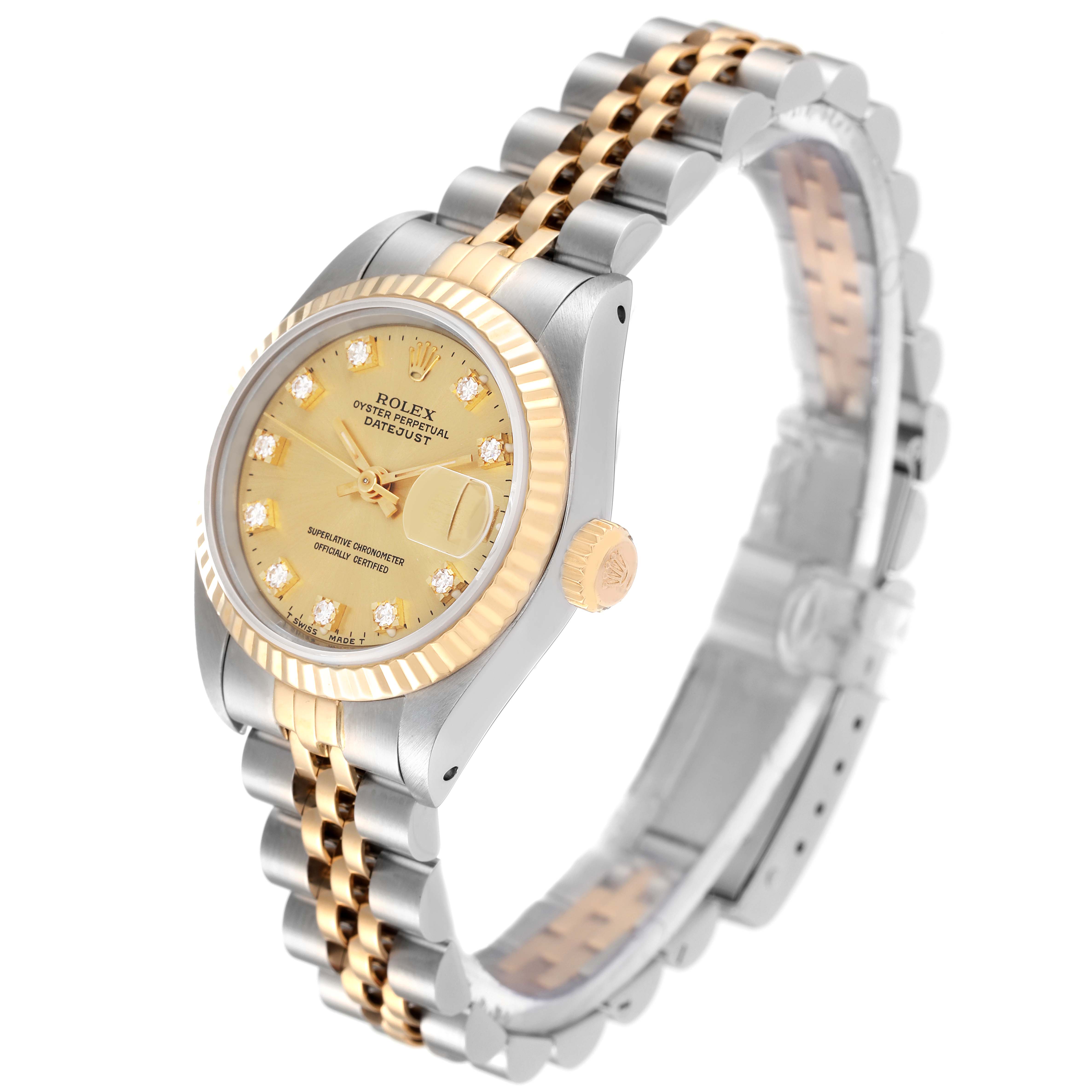The image shows a Rolex Datejust 69173 Women's Steel and Gold (two tone) Champagne Dial 69173 Women's Steel and Gold (two tone) Champagne Dial watch at a three-quarter angle, highlighting the gold and silver bracelet, bezel, and diamond-set dial.