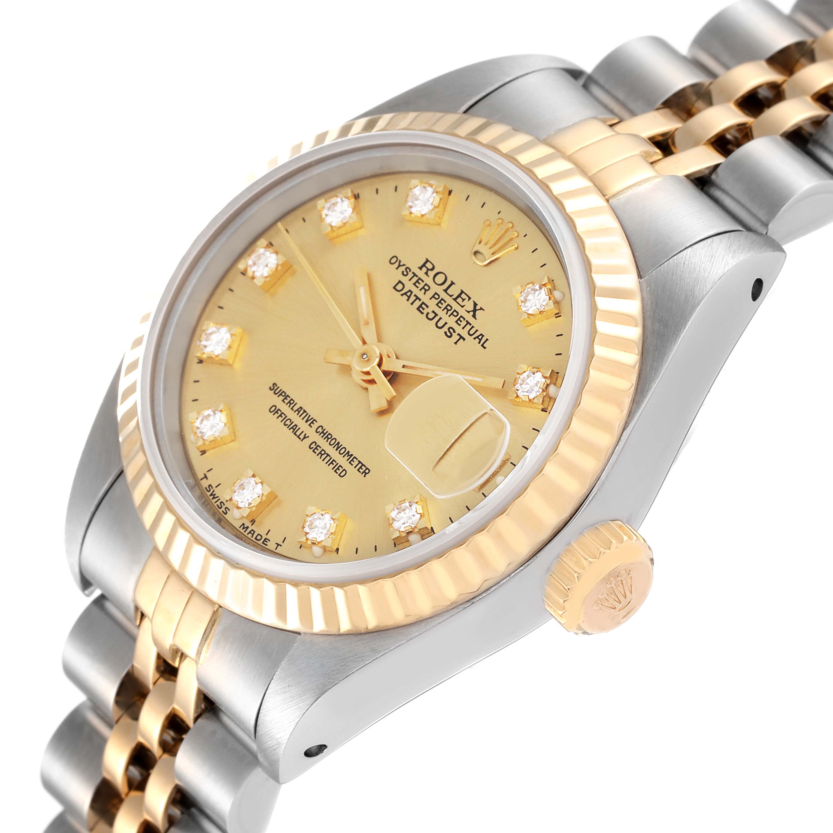 This image shows a Rolex Datejust 69173 Women's Steel and Gold (two tone) Champagne Dial 69173 Women's Steel and Gold (two tone) Champagne Dial watch from an angled top view, featuring a gold and silver bracelet, fluted bezel, and diamond indices.