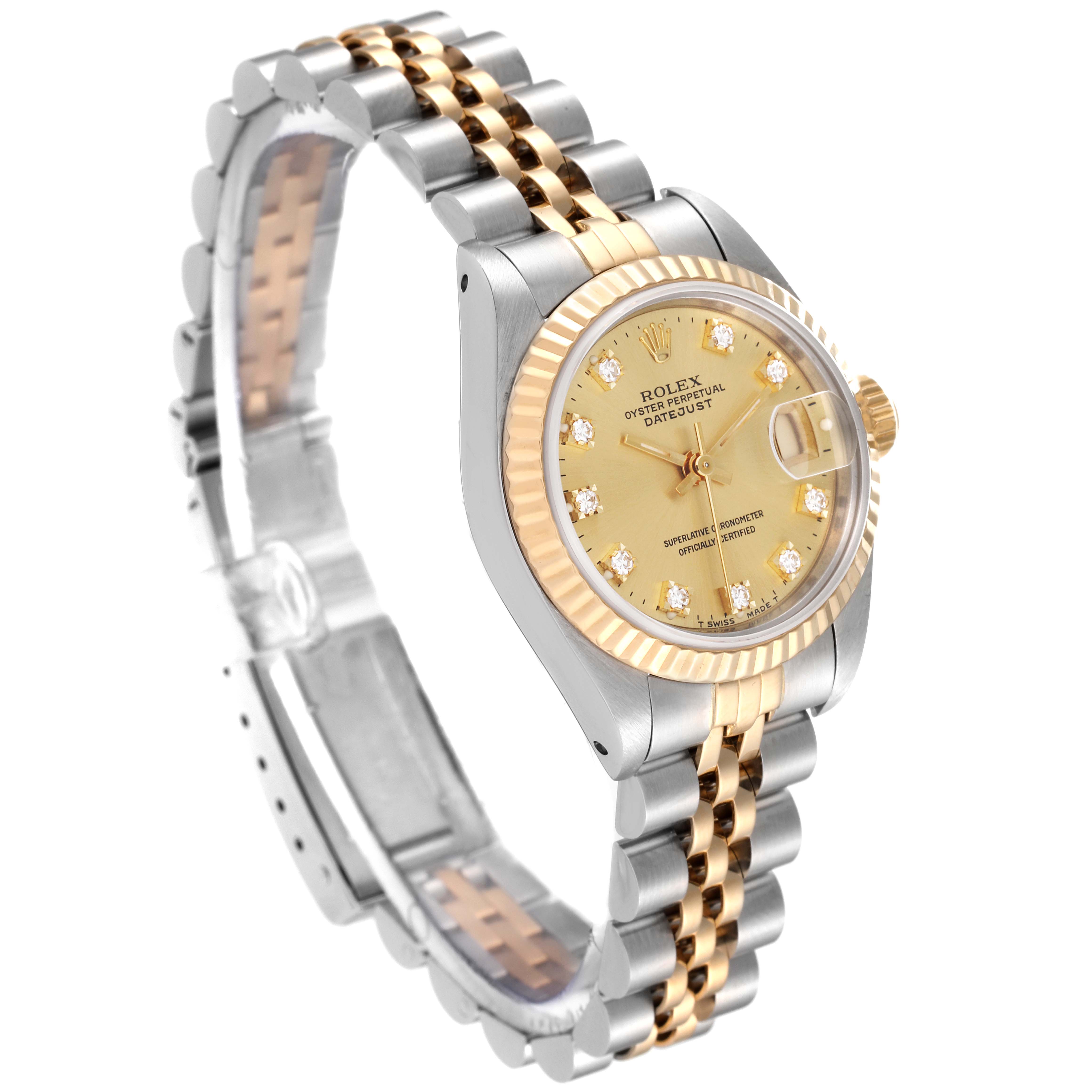 The Rolex Datejust 69173 Women's Steel and Gold (two tone) Champagne Dial 69173 Women's Steel and Gold (two tone) Champagne Dial watch is shown at an angled side view, displaying its dial, bezel, crown, and bracelet.