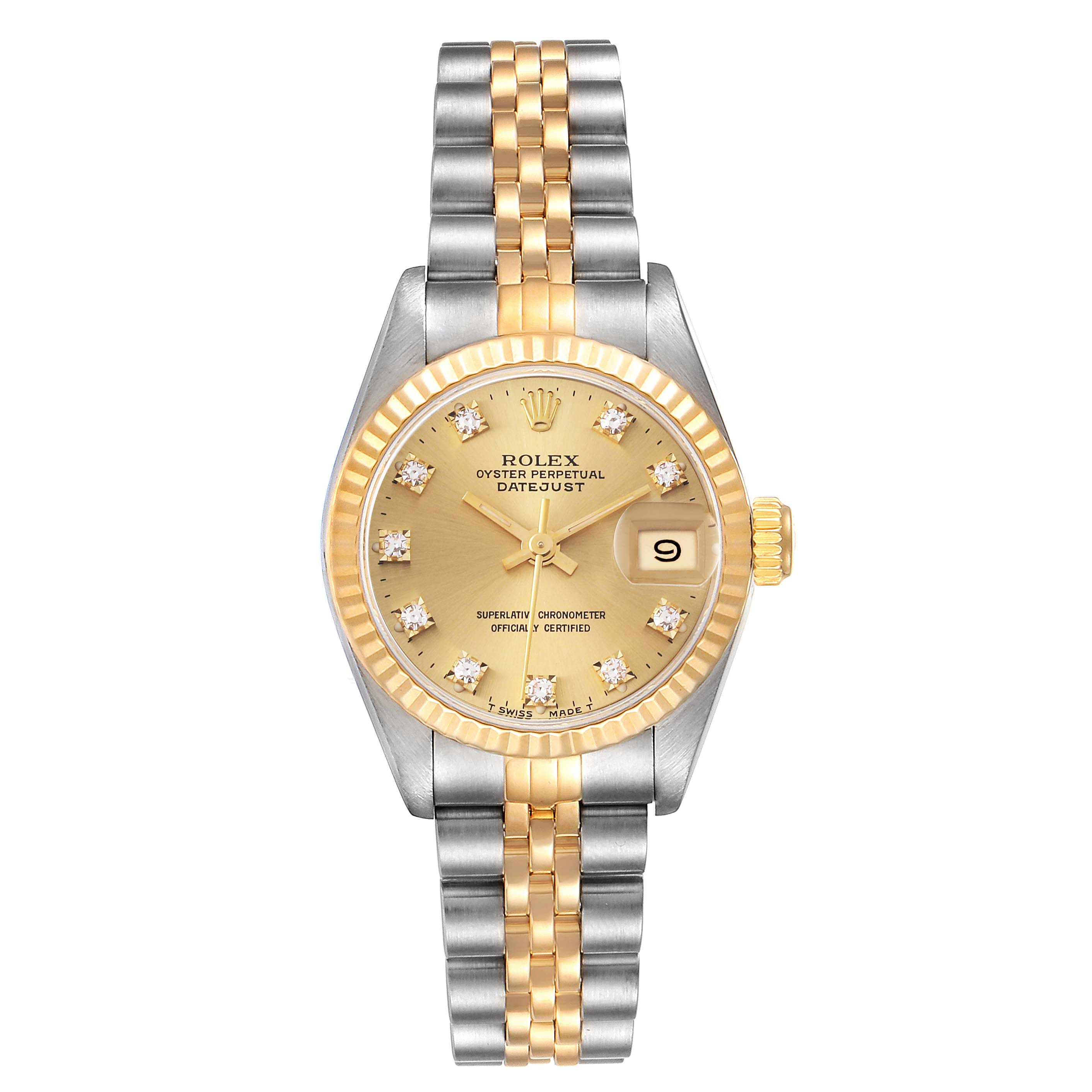 The image shows a front view of a Rolex Datejust 69173 Women's Steel and Gold (two tone) Champagne Dial 69173 Women's Steel and Gold (two tone) Champagne Dial watch, highlighting its gold dial, date display, and two-tone metal band.