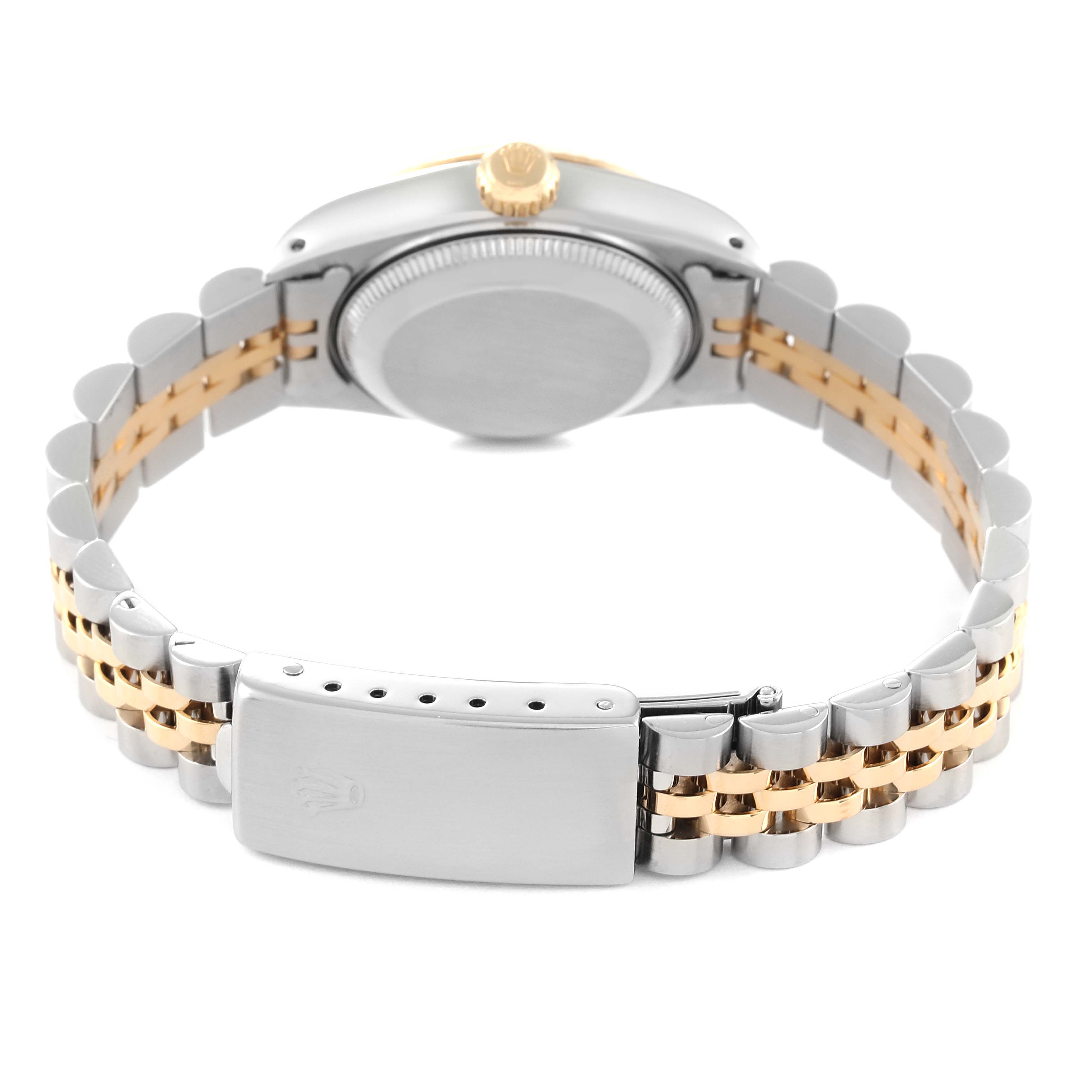 This image shows the back view of the Rolex Datejust 69173 Women's Steel and Gold (two tone) Champagne Dial 69173 Women's Steel and Gold (two tone) Champagne Dial watch, highlighting its case, crown, and two-tone bracelet.