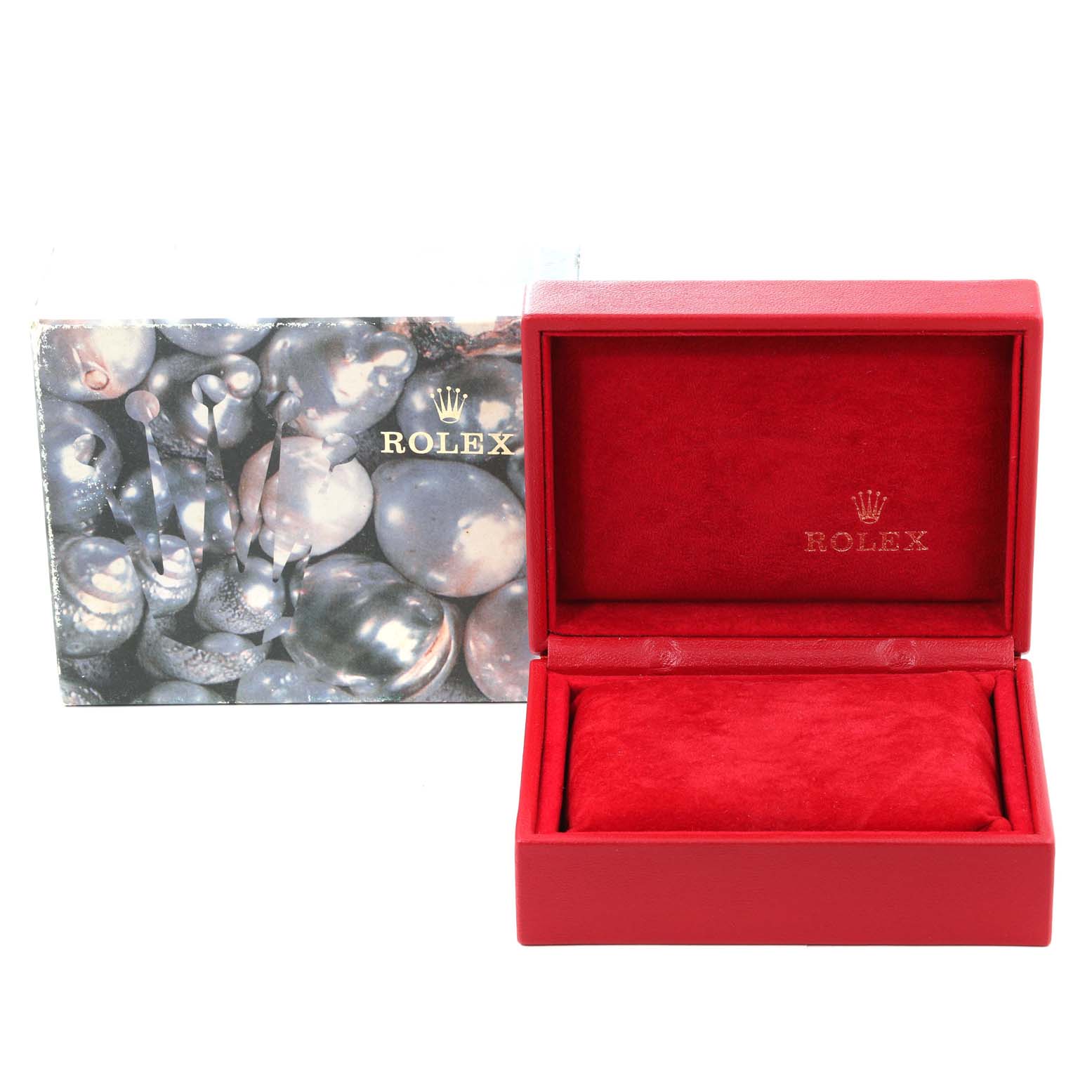 The image shows a red Rolex Datejust 69173 Women's Steel and Gold (two tone) Champagne Dial 69173 Women's Steel and Gold (two tone) Champagne Dial watch box with a cushion, likely for storing the timepiece.