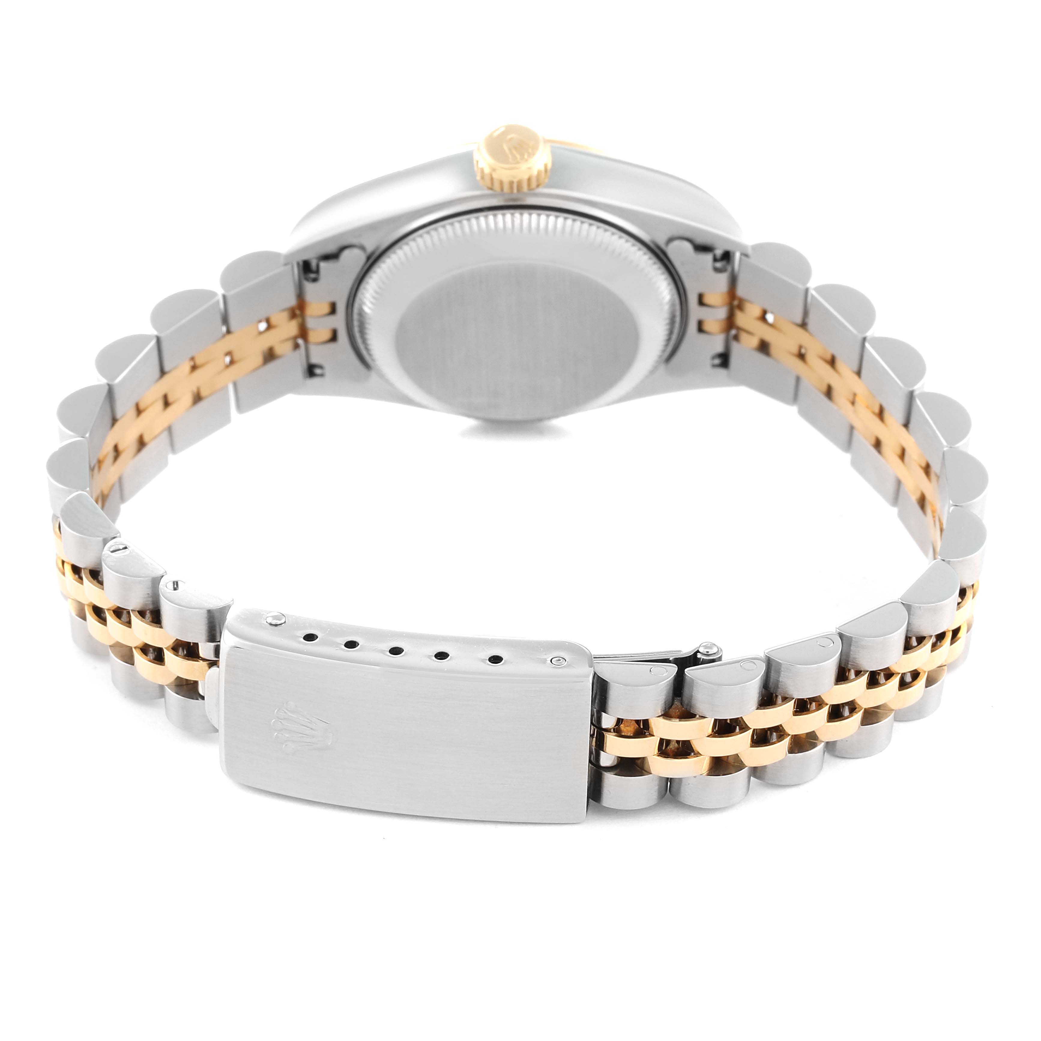 This image shows the back view of the Rolex Datejust 69173 Women's Steel and Gold (two tone) Champagne Dial 69173 Women's Steel and Gold (two tone) Champagne Dial watch, focusing on the case back, crown, and bracelet with a mix of metal links.