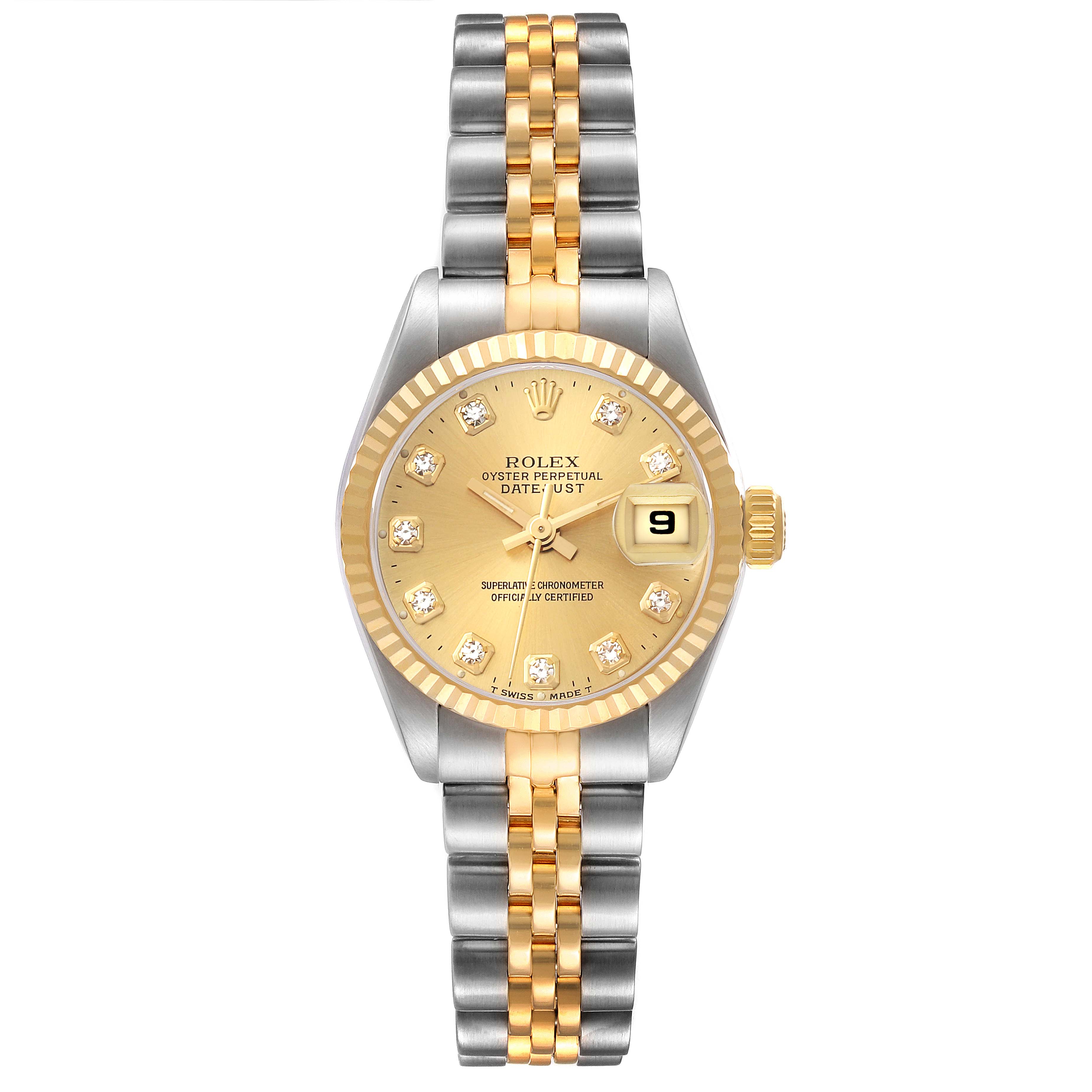 This is a frontal view of a Rolex Datejust 69173 Women's Steel and Gold (two tone) Champagne Dial 69173 Women's Steel and Gold (two tone) Champagne Dial watch showing the face, bezel, and two-tone bracelet.