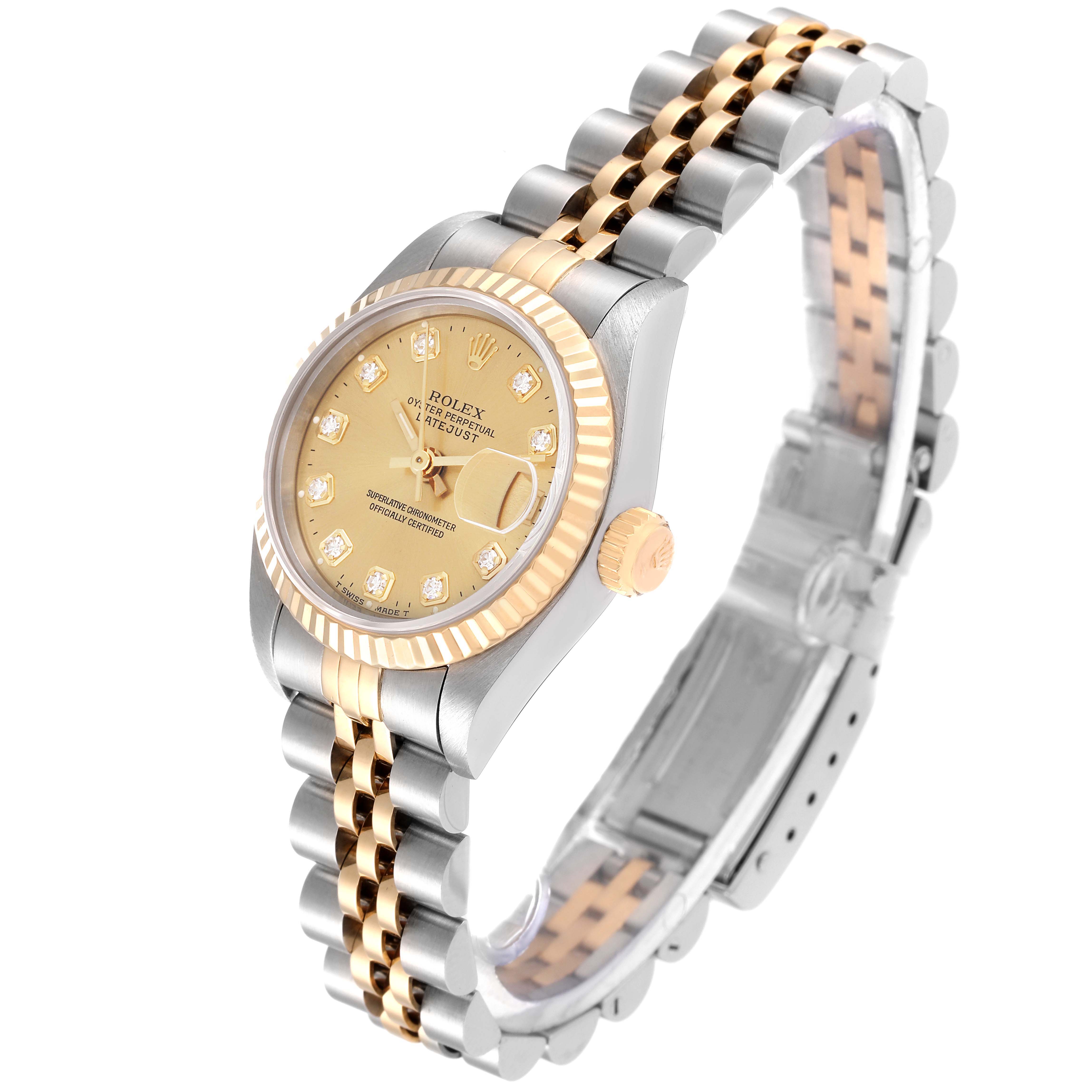 The Rolex Datejust 69173 Women's Steel and Gold (two tone) Champagne Dial 69173 Women's Steel and Gold (two tone) Champagne Dial watch is shown at an angle displaying the dial, bezel, crown, and two-tone jubilee bracelet.
