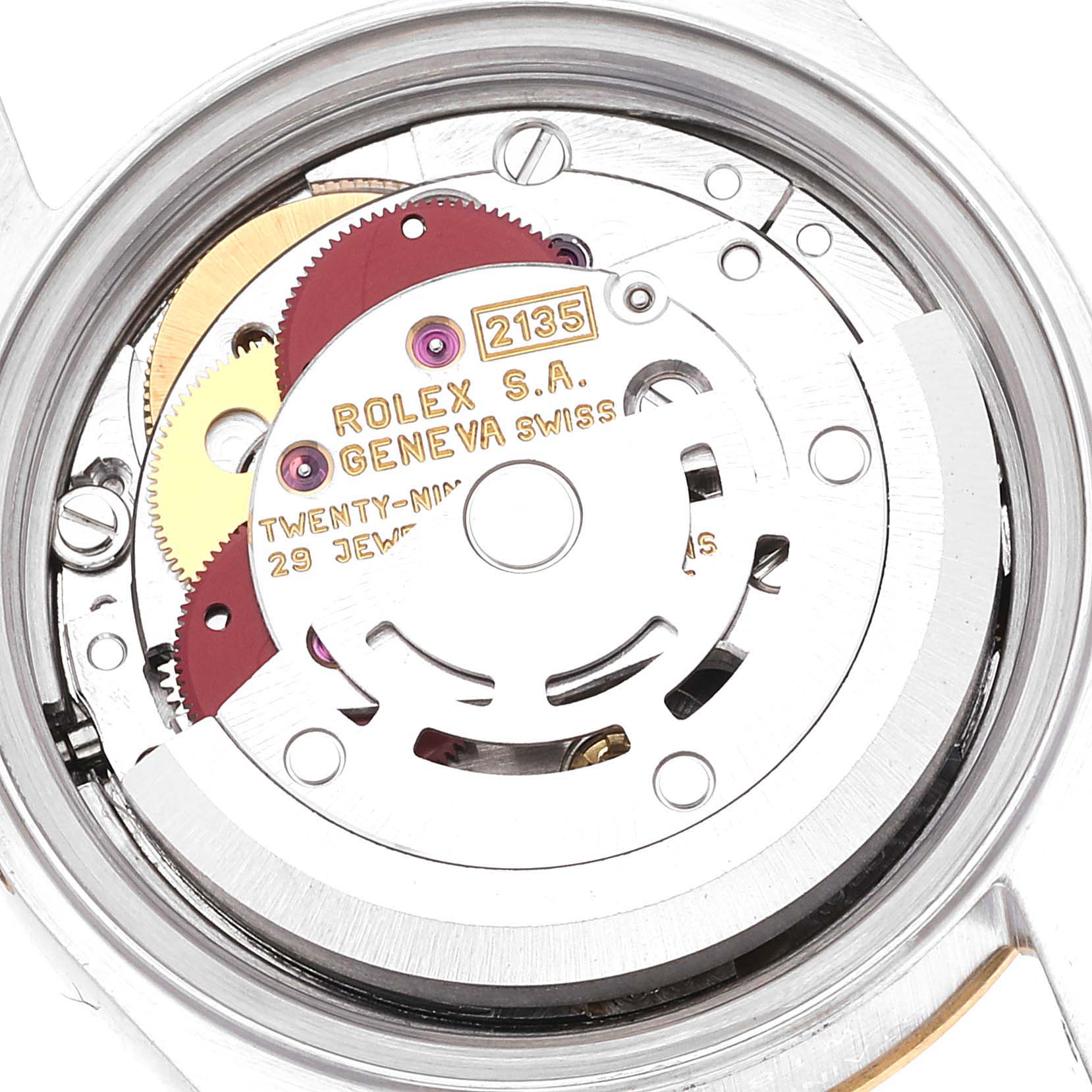 This image shows the intricate inner movement mechanism of a Rolex Datejust 69173 Women's Steel and Gold (two tone) Champagne Dial 69173 Women's Steel and Gold (two tone) Champagne Dial watch, viewed from the back.