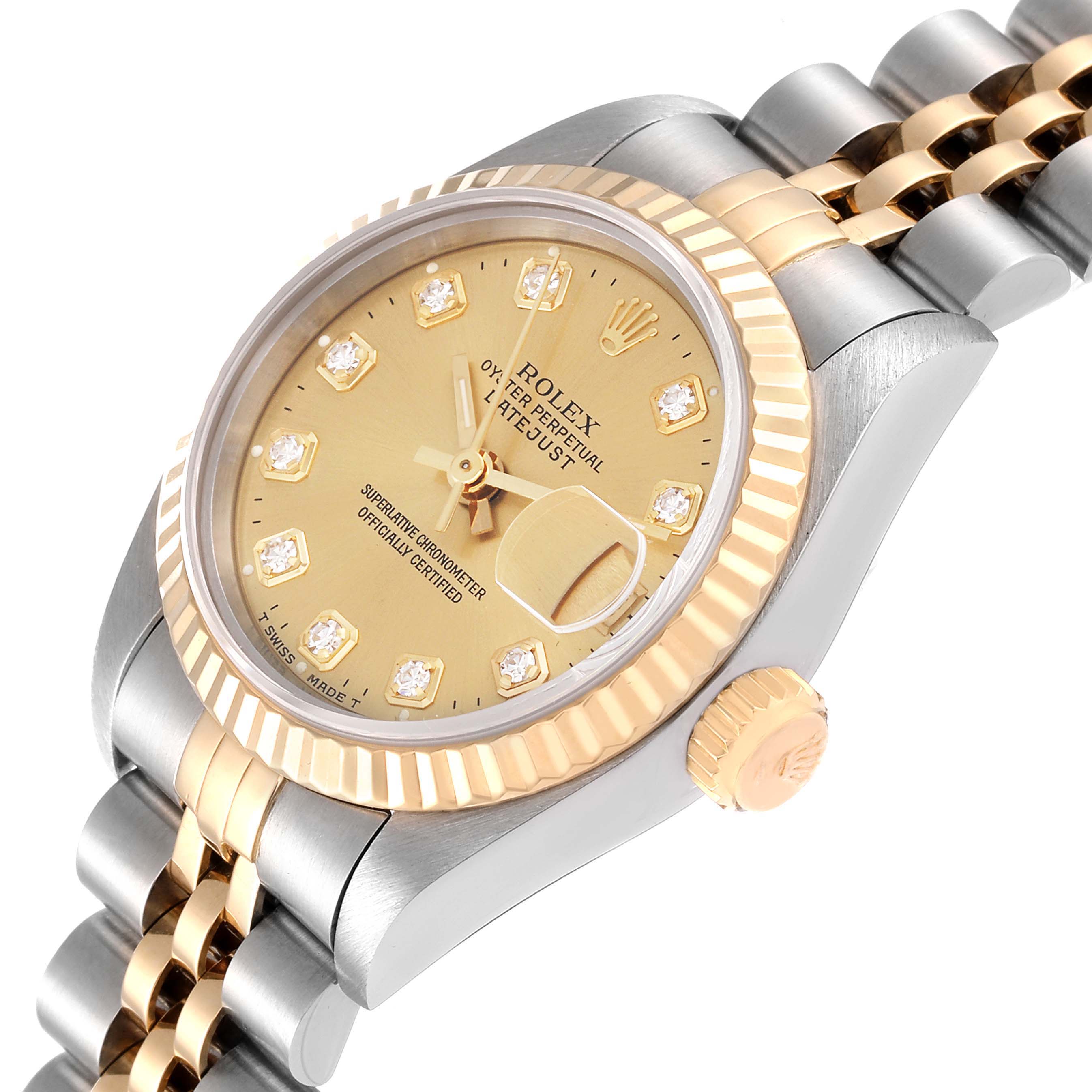 The image shows a close-up angle of the Rolex Datejust 69173 Women's Steel and Gold (two tone) Champagne Dial 69173 Women's Steel and Gold (two tone) Champagne Dial watch, highlighting its face, bezel, crown, and part of the bracelet.