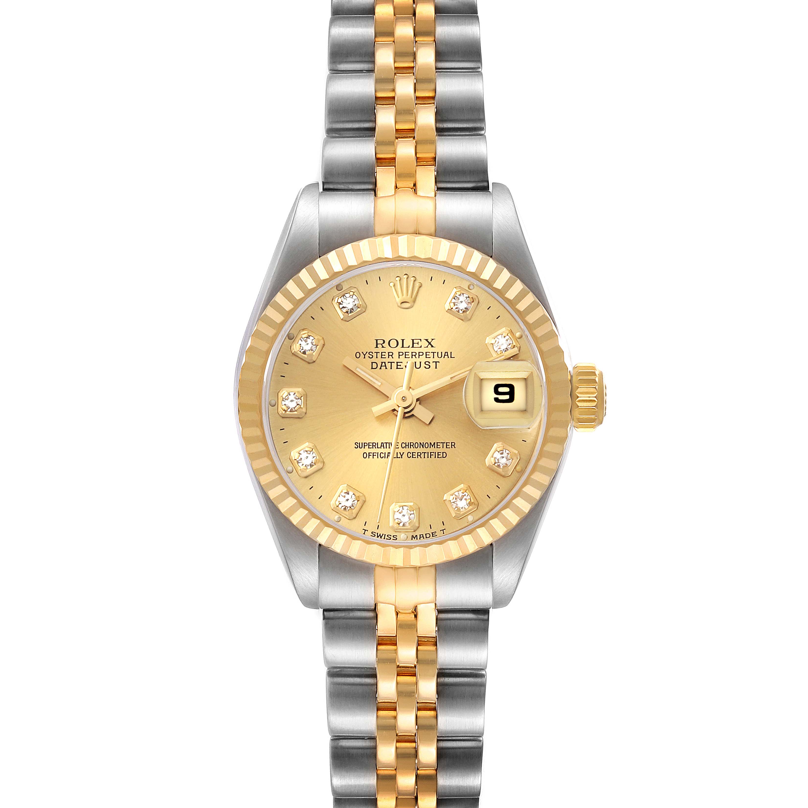 This image shows a front view of the Rolex Datejust 69173 Women's Steel and Gold (two tone) Champagne Dial 69173 Women's Steel and Gold (two tone) Champagne Dial watch, highlighting its dial, bezel, and two-tone bracelet.
