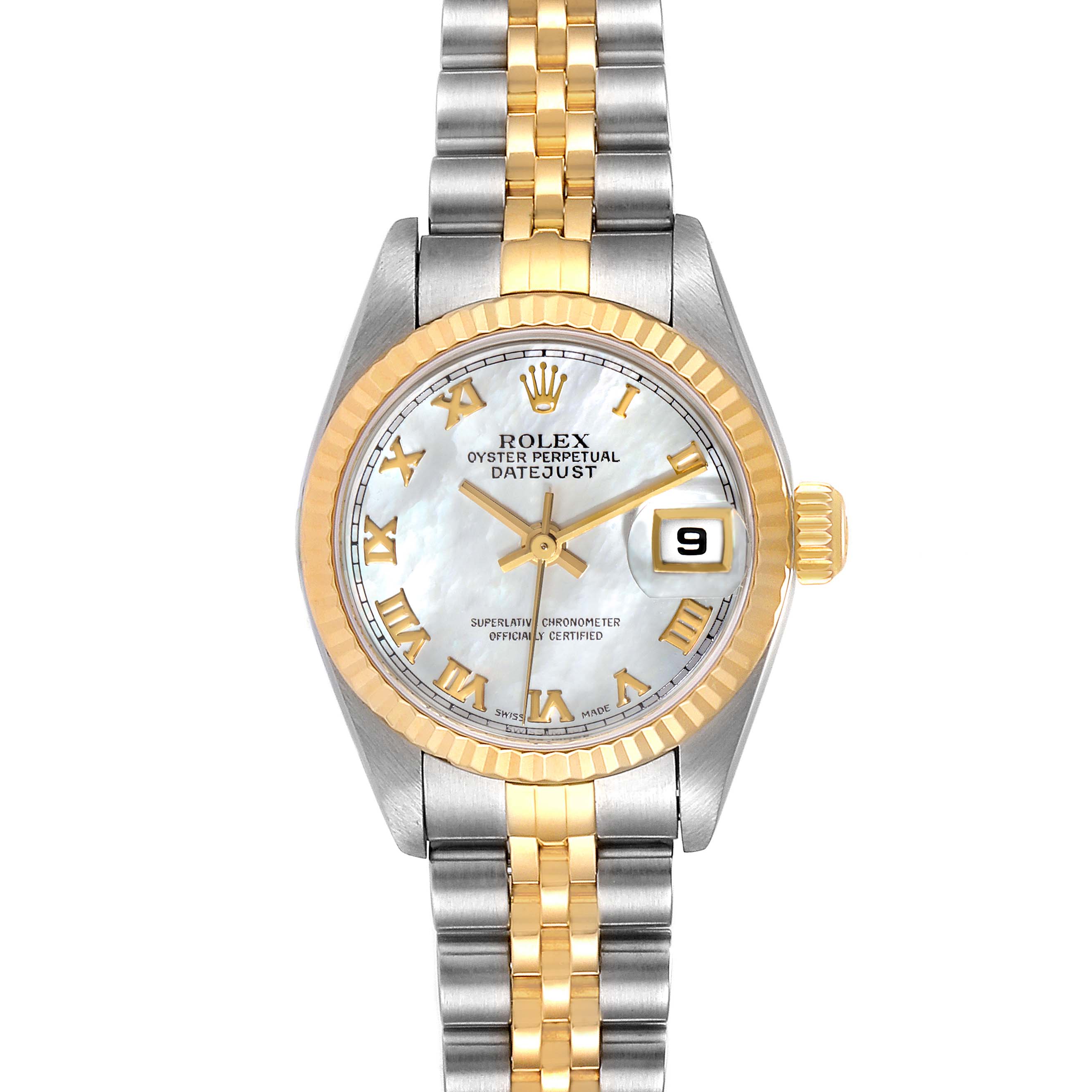 This image shows a front view of a Rolex Datejust 79173 Women
s Steel and Gold (two tone) Mother of Pearl Dial 79173 Women
s Steel and Gold (two tone) Mother of Pearl Dial watch, featuring its dial, bracelet, and date display.
