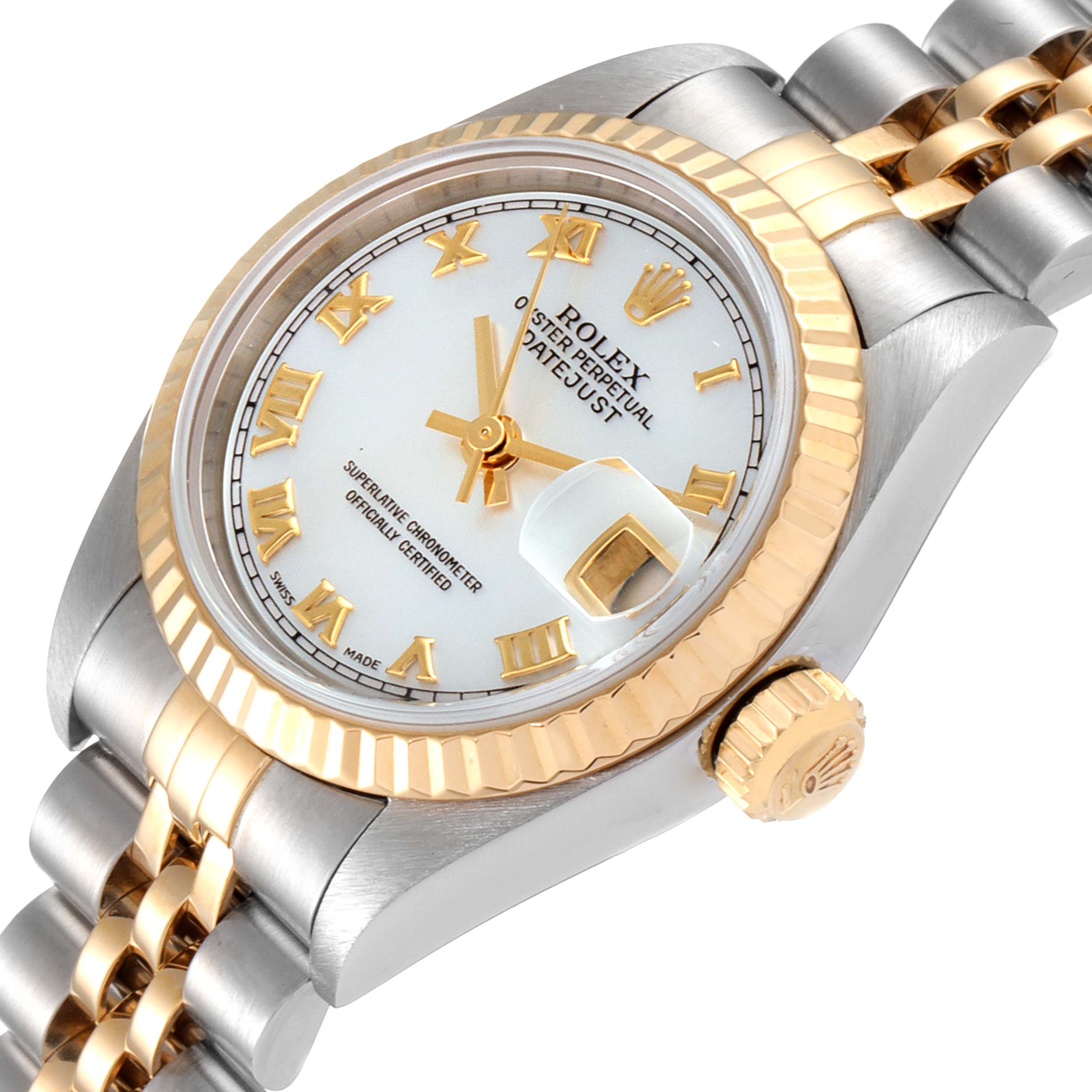The image shows a close-up angle of a Rolex Datejust 79173 Women
s Steel and Gold (two tone) Mother of Pearl Dial 79173 Women
s Steel and Gold (two tone) Mother of Pearl Dial watch, highlighting its dial, bezel, and part of the bracelet.