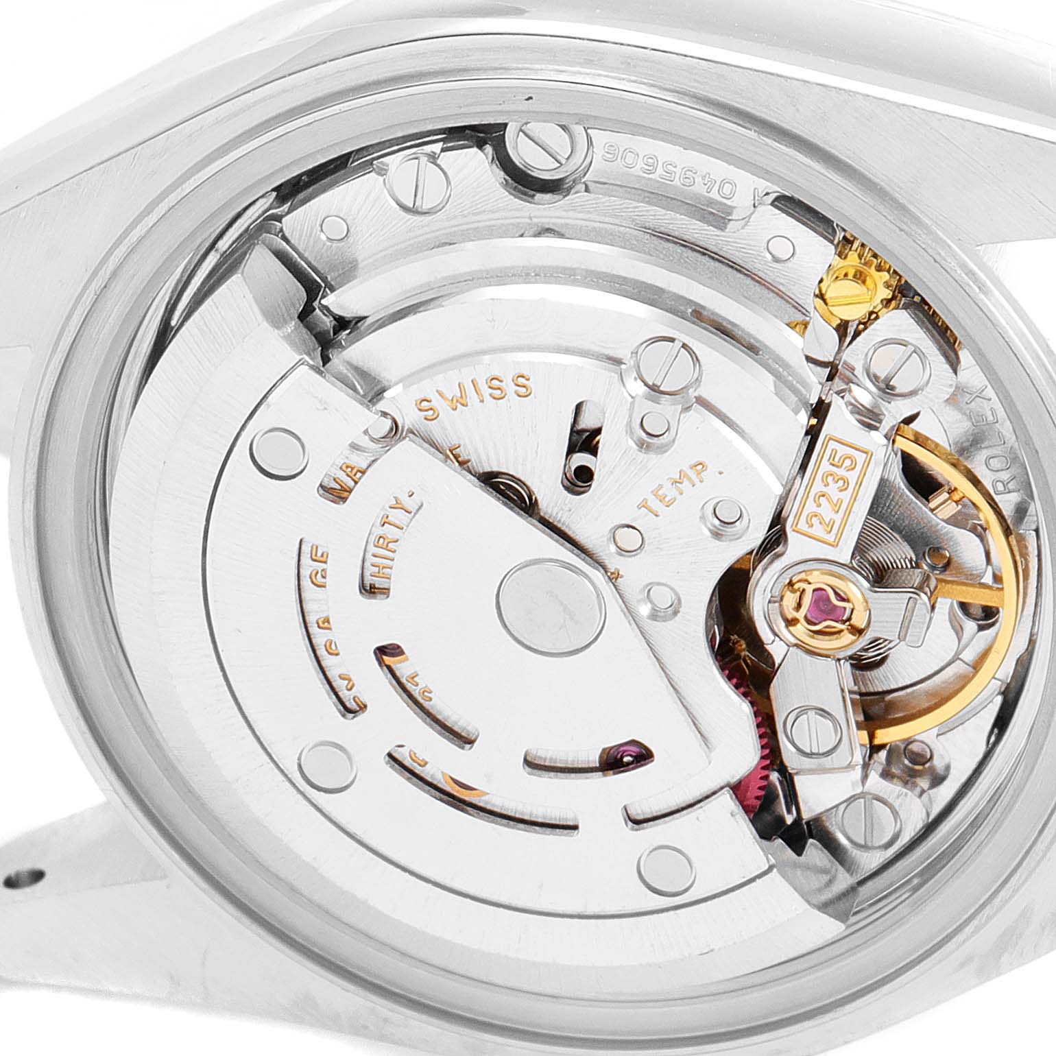 This image shows an angled view of the Rolex Datejust 79173 Women
s Steel and Gold (two tone) Mother of Pearl Dial 79173 Women
s Steel and Gold (two tone) Mother of Pearl Dial
s internal movement mechanism.