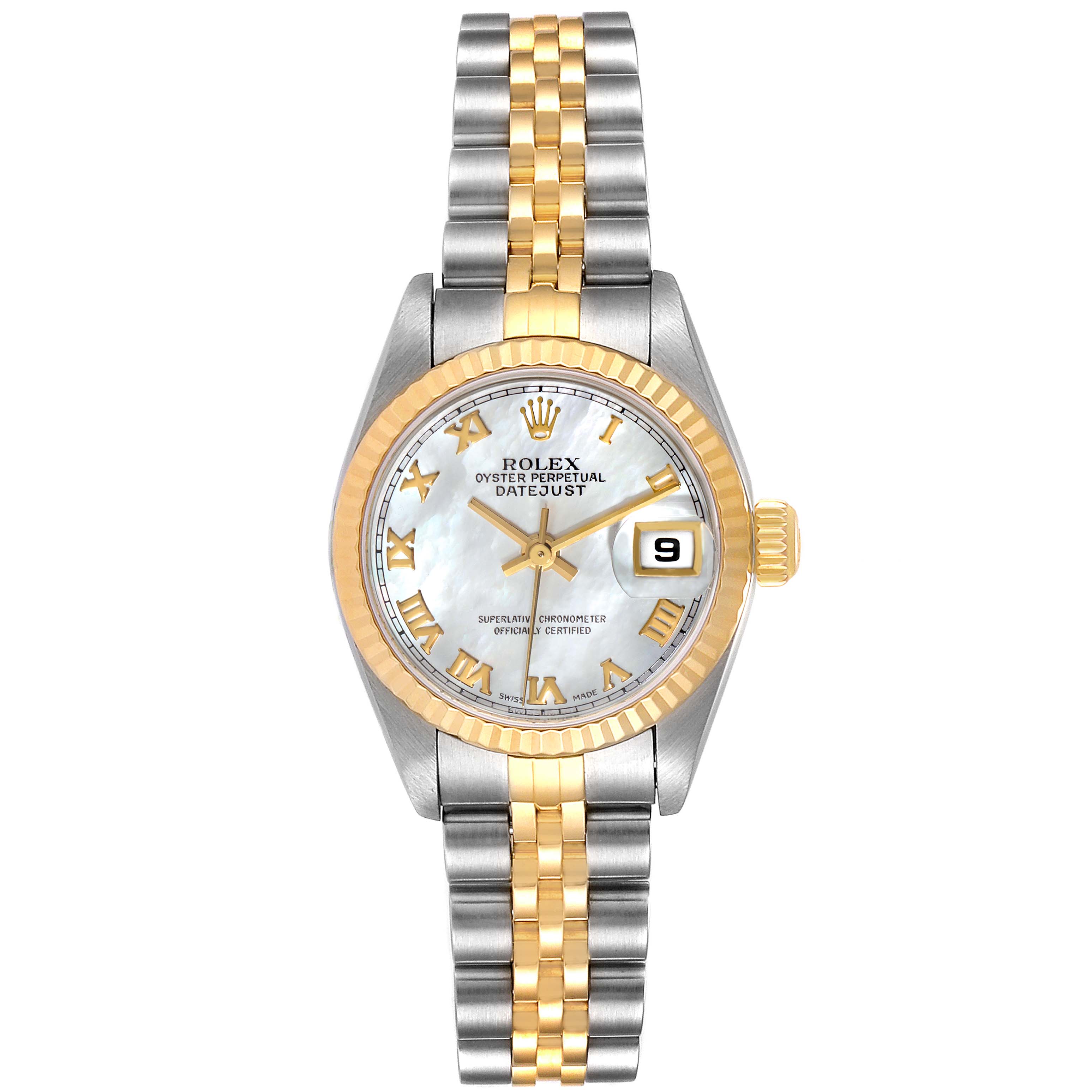 The image shows a front view of the Rolex Datejust 79173 Women
s Steel and Gold (two tone) Mother of Pearl Dial 79173 Women
s Steel and Gold (two tone) Mother of Pearl Dial watch, highlighting its two-tone bracelet, fluted bezel, and date display.