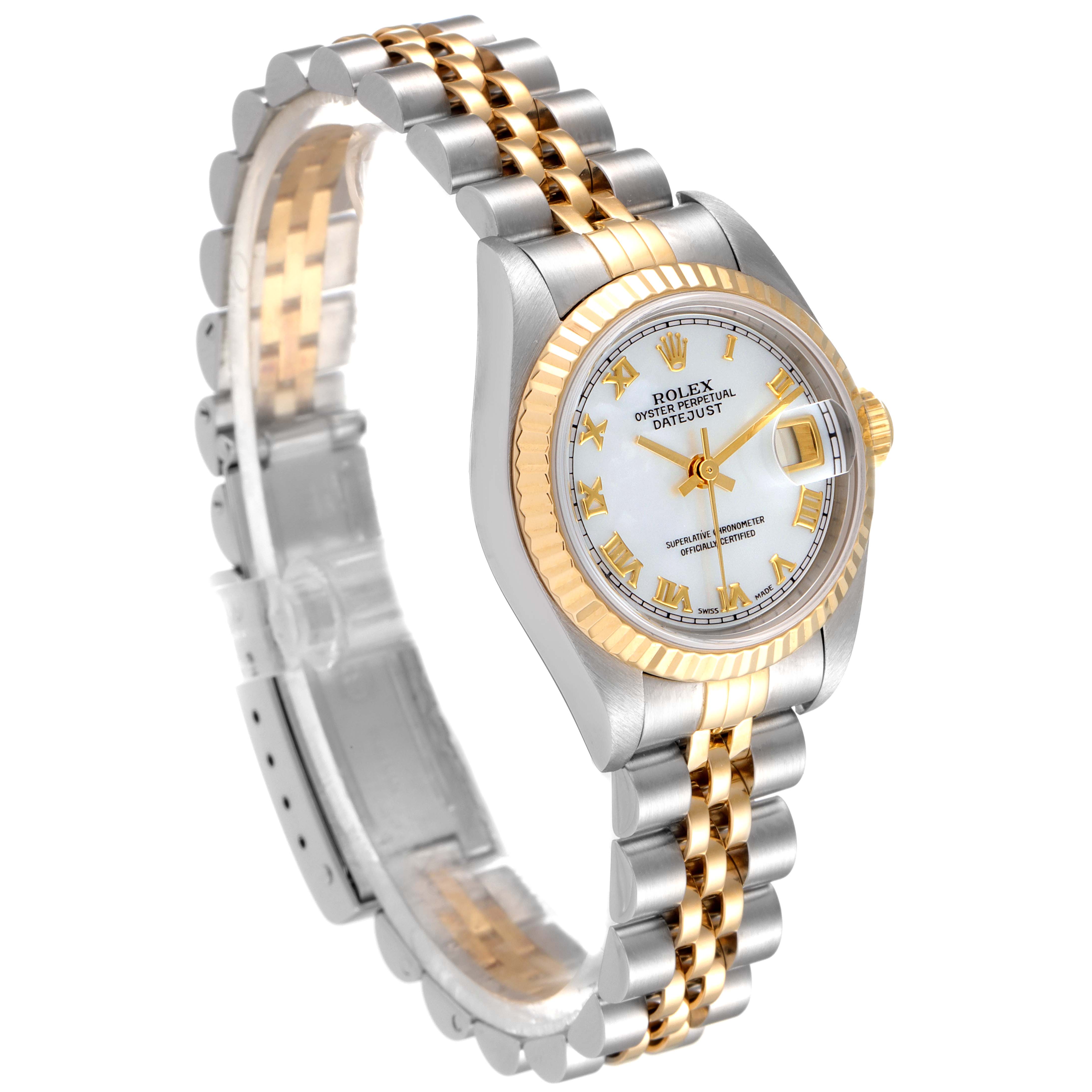 The image shows a Rolex Datejust 79173 Women
s Steel and Gold (two tone) Mother of Pearl Dial 79173 Women
s Steel and Gold (two tone) Mother of Pearl Dial watch at an angled view highlighting its dial, bezel, and bracelet.