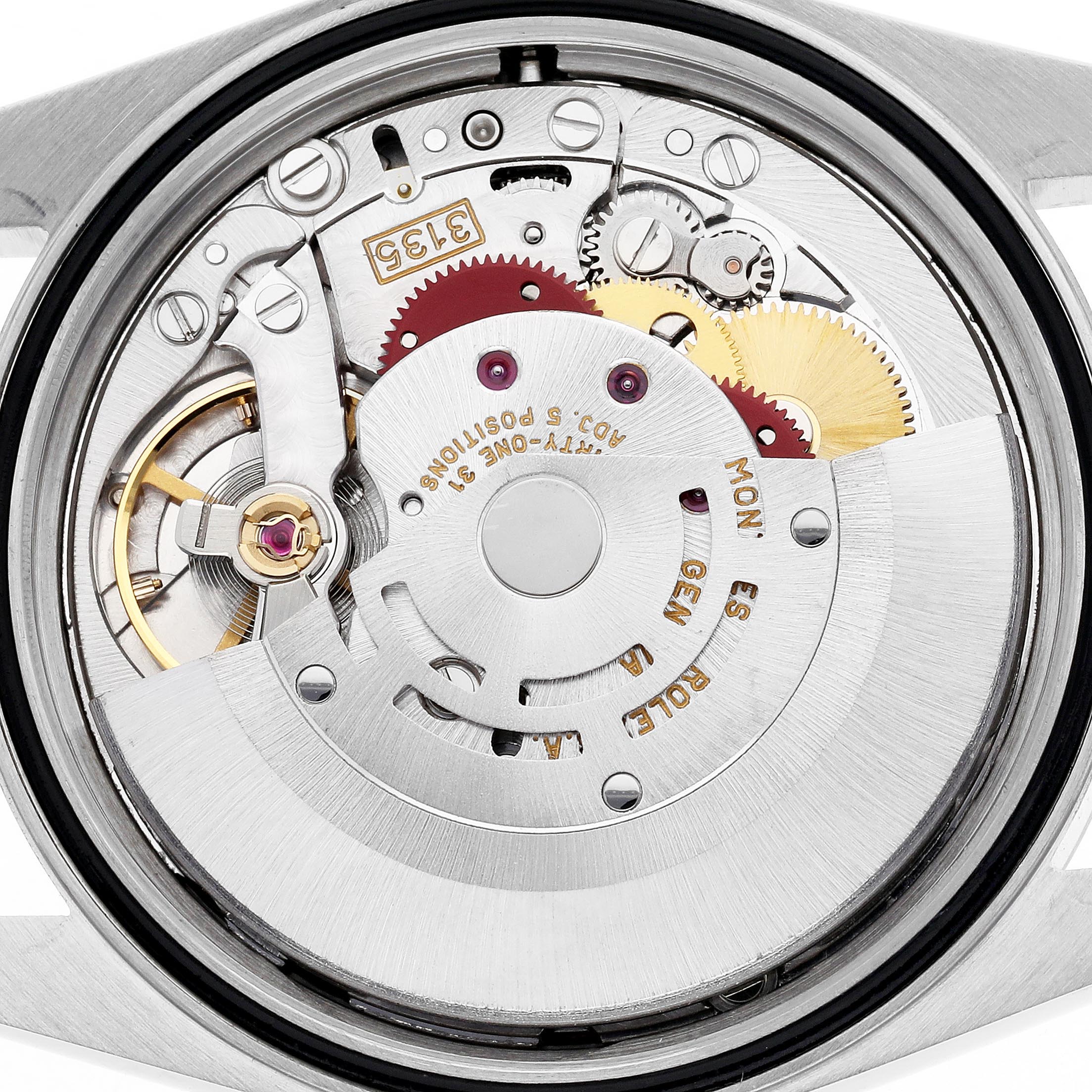 The image shows the movement of a Rolex Datejust 16233 Men
s Steel and Gold (two tone) Mother of Pearl Dial 16233 Men
s Steel and Gold (two tone) Mother of Pearl Dial watch from a top-down view, highlighting gears and balance wheel.