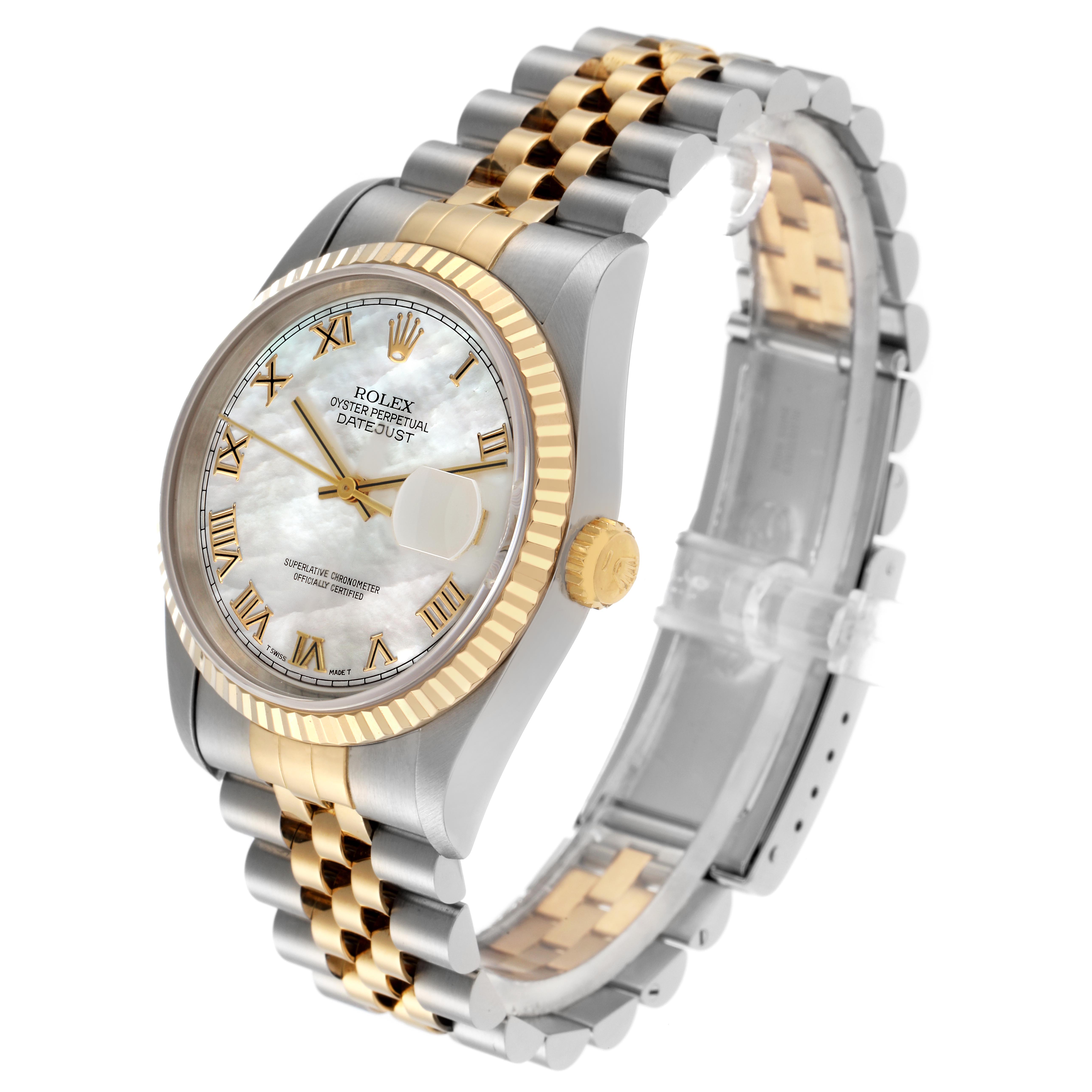 The Rolex Datejust 16233 Men
s Steel and Gold (two tone) Mother of Pearl Dial 16233 Men
s Steel and Gold (two tone) Mother of Pearl Dial watch is shown at a three-quarter angle, highlighting the dial, fluted bezel, and two-tone Jubilee bracelet.