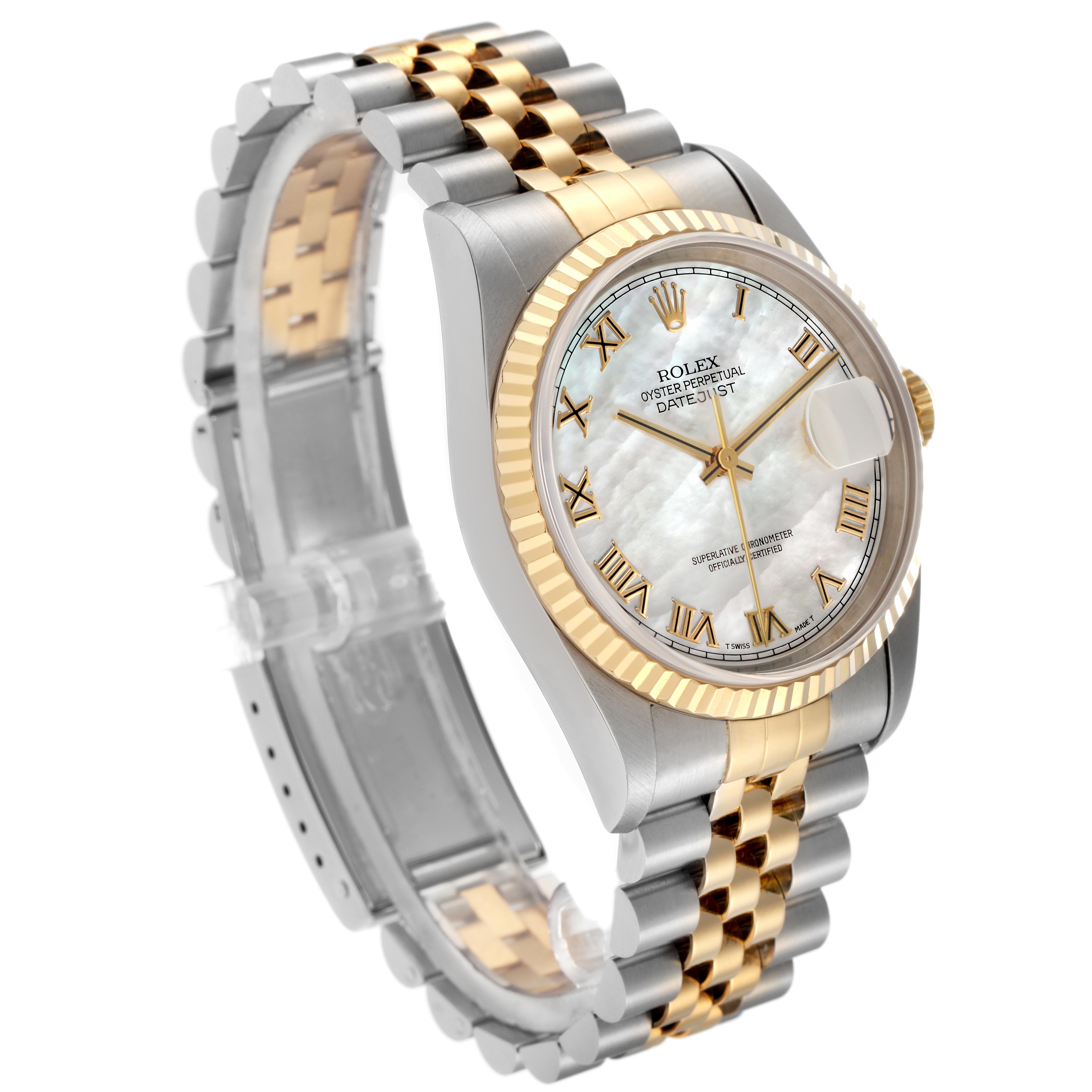 The Rolex Datejust 16233 Men
s Steel and Gold (two tone) Mother of Pearl Dial 16233 Men
s Steel and Gold (two tone) Mother of Pearl Dial watch is shown from a front-side angle, displaying the face, bezel, and bracelet prominently.