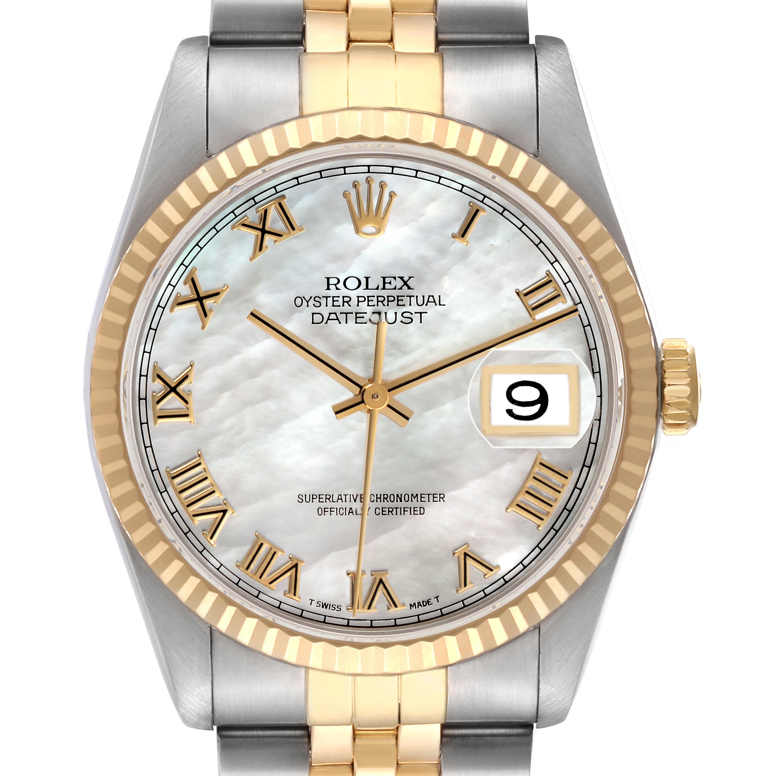This Rolex Datejust 16233 Men
s Steel and Gold (two tone) Mother of Pearl Dial 16233 Men
s Steel and Gold (two tone) Mother of Pearl Dial watch is shown from the front, featuring the dial, bezel, and part of the bracelet.
