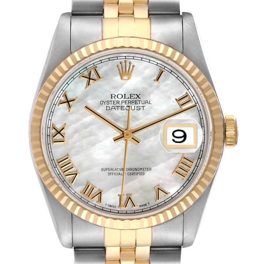 This Rolex Datejust watch is shown from the front, featuring the dial, bezel, and part of the bracelet.