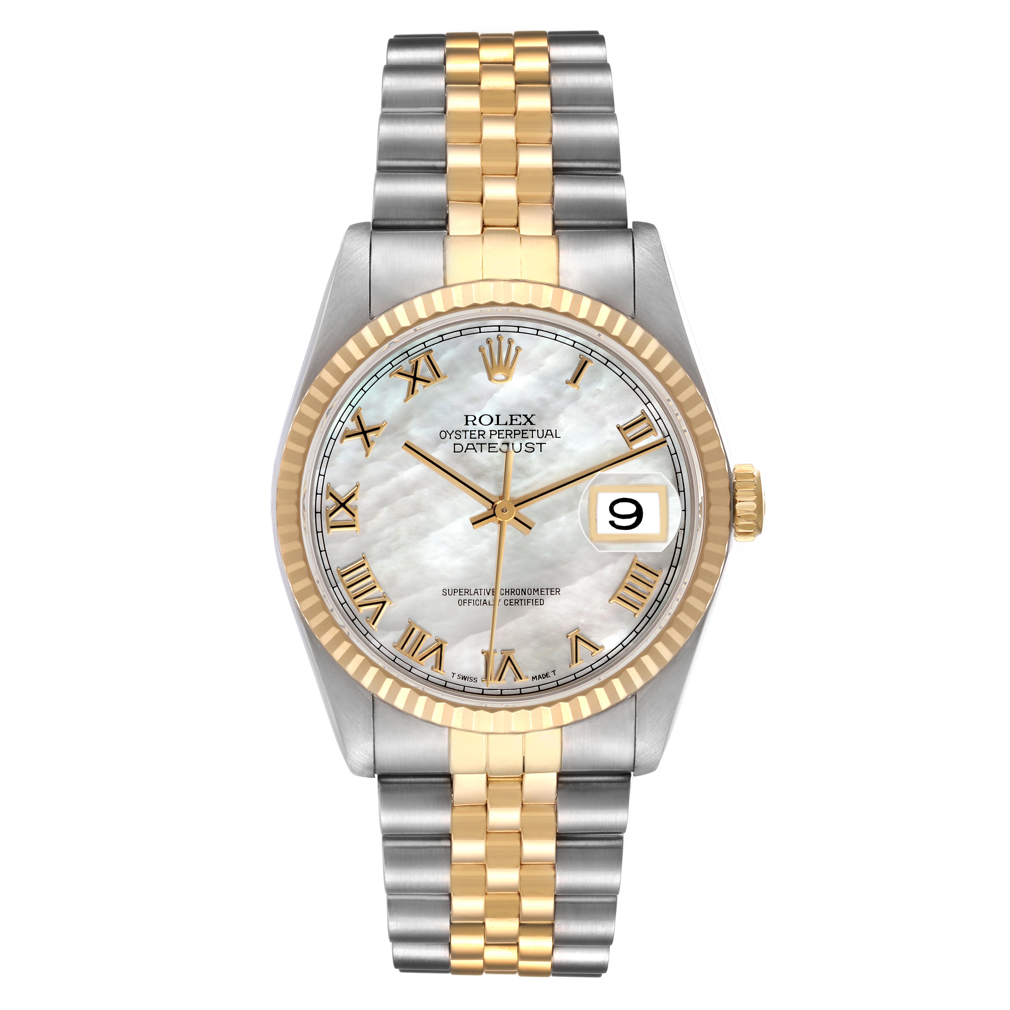 The Rolex Datejust 16233 Men
s Steel and Gold (two tone) Mother of Pearl Dial 16233 Men
s Steel and Gold (two tone) Mother of Pearl Dial watch is shown from the front, highlighting its dial, bezel, and bracelet.