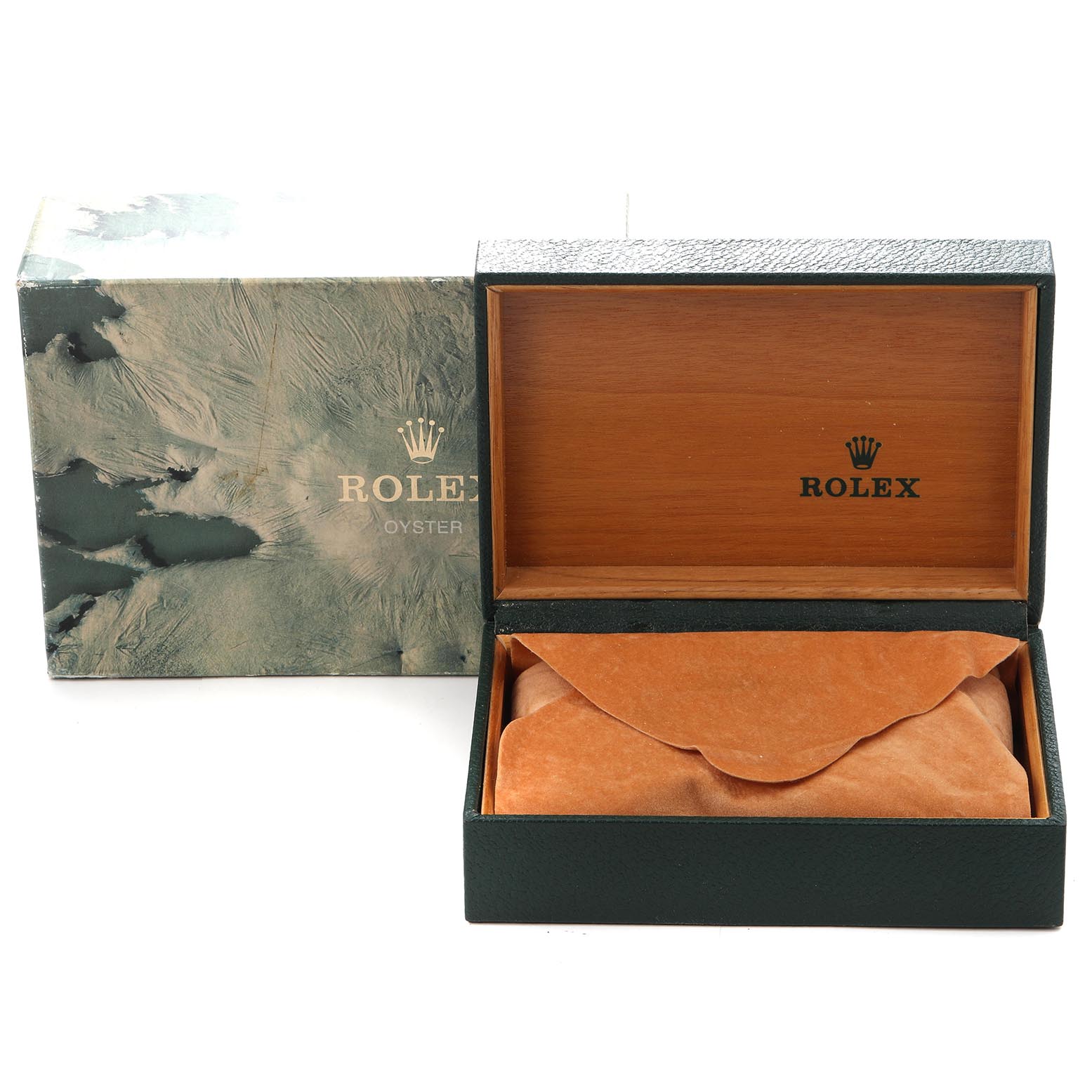 The image shows a Rolex Datejust 16233 Men
s Steel and Gold (two tone) Mother of Pearl Dial 16233 Men
s Steel and Gold (two tone) Mother of Pearl Dial box and pouch with the lid open, showcasing branding but not the watch itself.