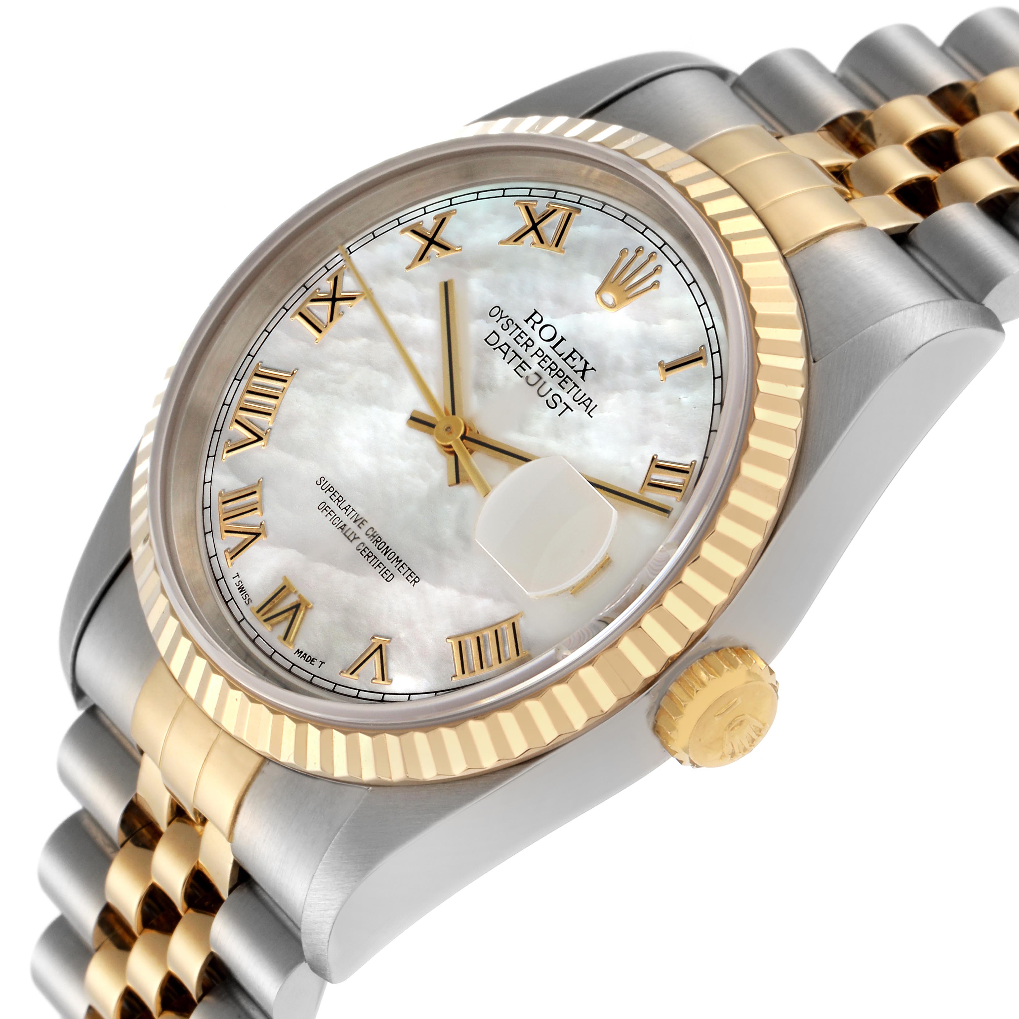 The Rolex Datejust 16233 Men
s Steel and Gold (two tone) Mother of Pearl Dial 16233 Men
s Steel and Gold (two tone) Mother of Pearl Dial watch is shown at a slight angle, highlighting the face, bezel, crown, and part of the bracelet.
