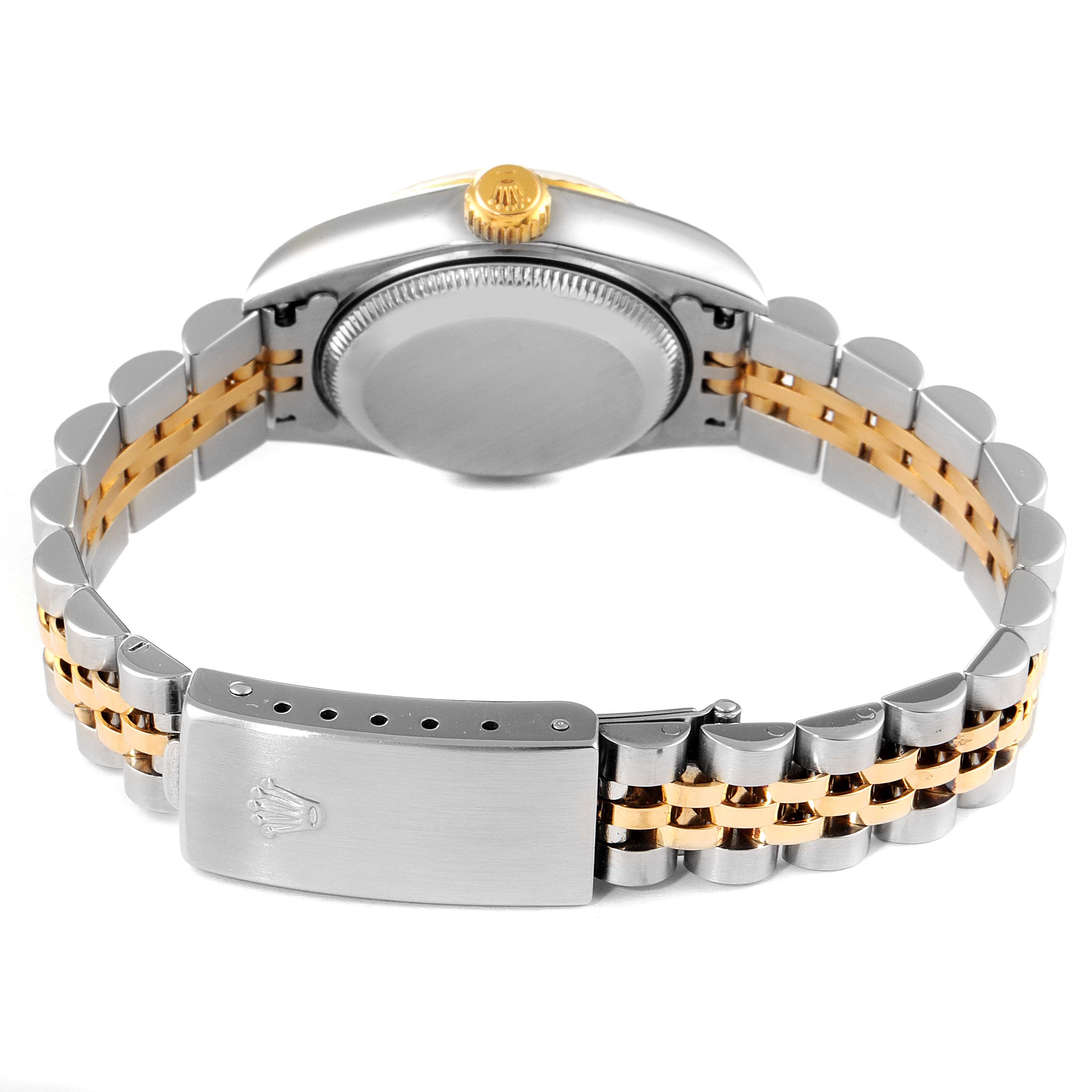 The image shows the back view of the Rolex Datejust 79173 Women's Steel and Gold (two tone) Mother of Pearl Dial 79173 Women's Steel and Gold (two tone) Mother of Pearl Dial watch, highlighting the clasp, bracelet, and case back.