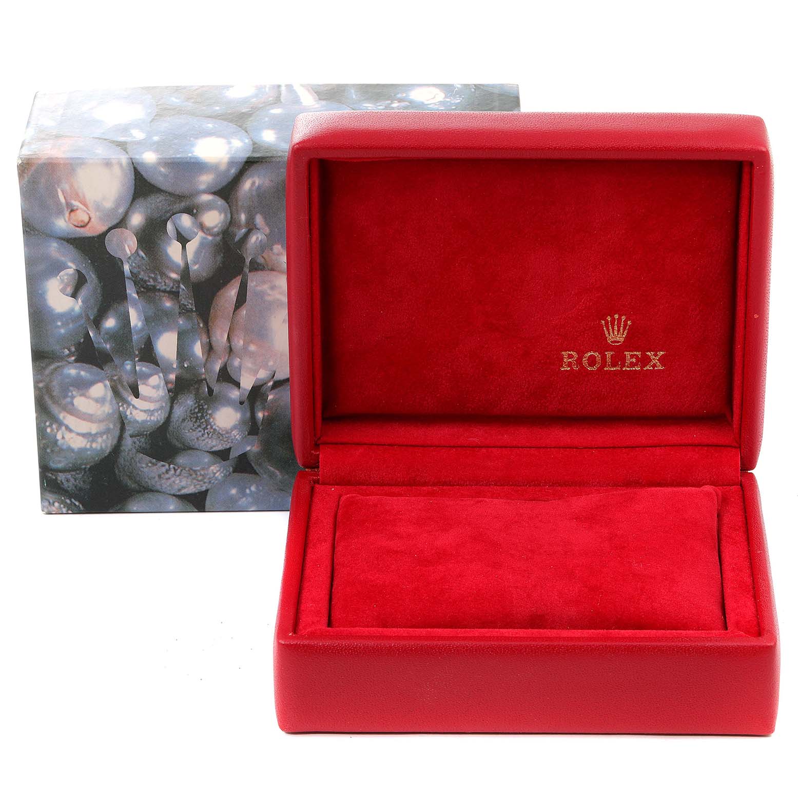 The image shows an open Rolex Datejust 79173 Women's Steel and Gold (two tone) Mother of Pearl Dial 79173 Women's Steel and Gold (two tone) Mother of Pearl Dial watch box with a red interior and a decorative outer box in the background.
