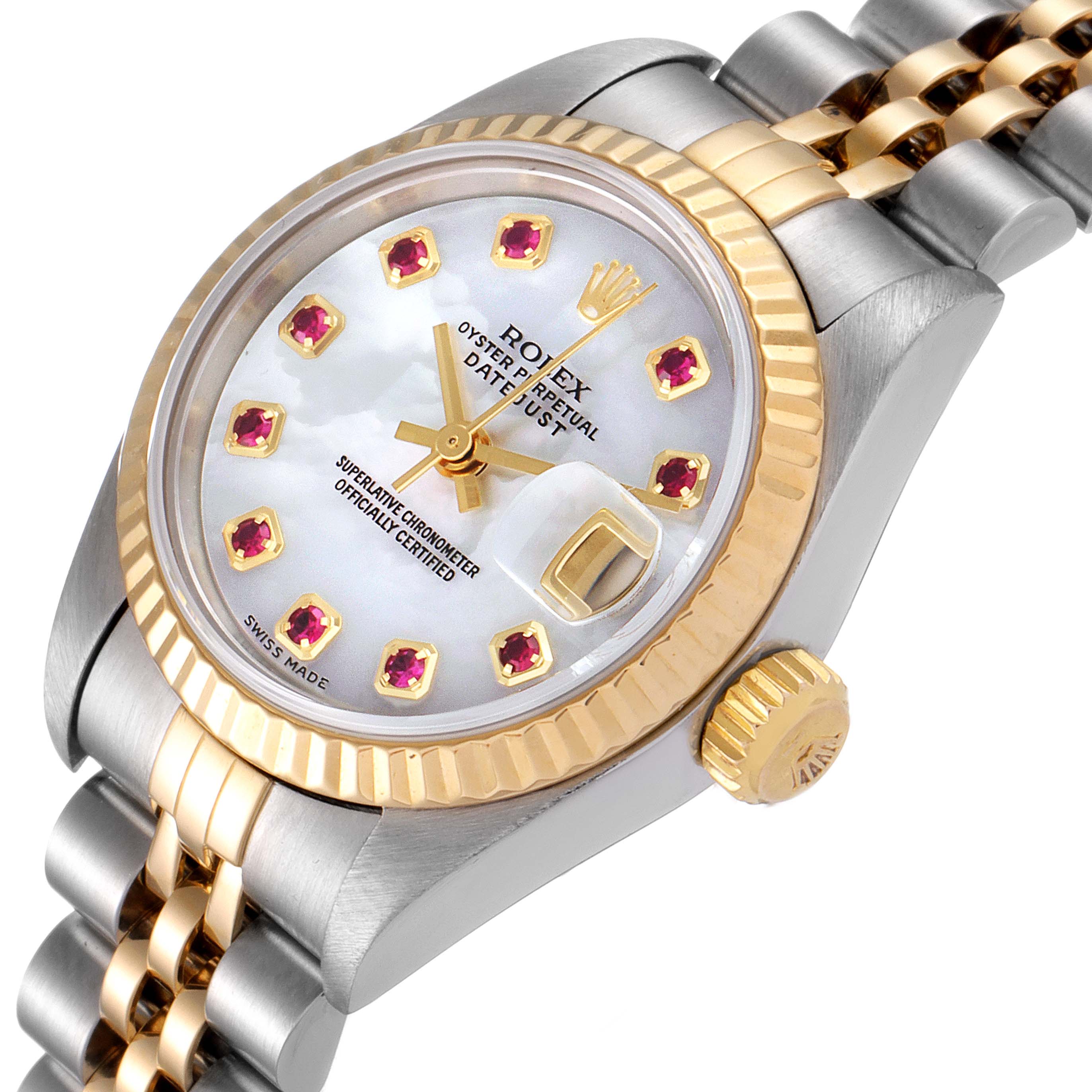 The image shows a close-up of a Rolex Datejust 79173 Women's Steel and Gold (two tone) Mother of Pearl Dial 79173 Women's Steel and Gold (two tone) Mother of Pearl Dial watch, highlighting its dial, bezel, crown, and part of the bracelet from an angled side view.