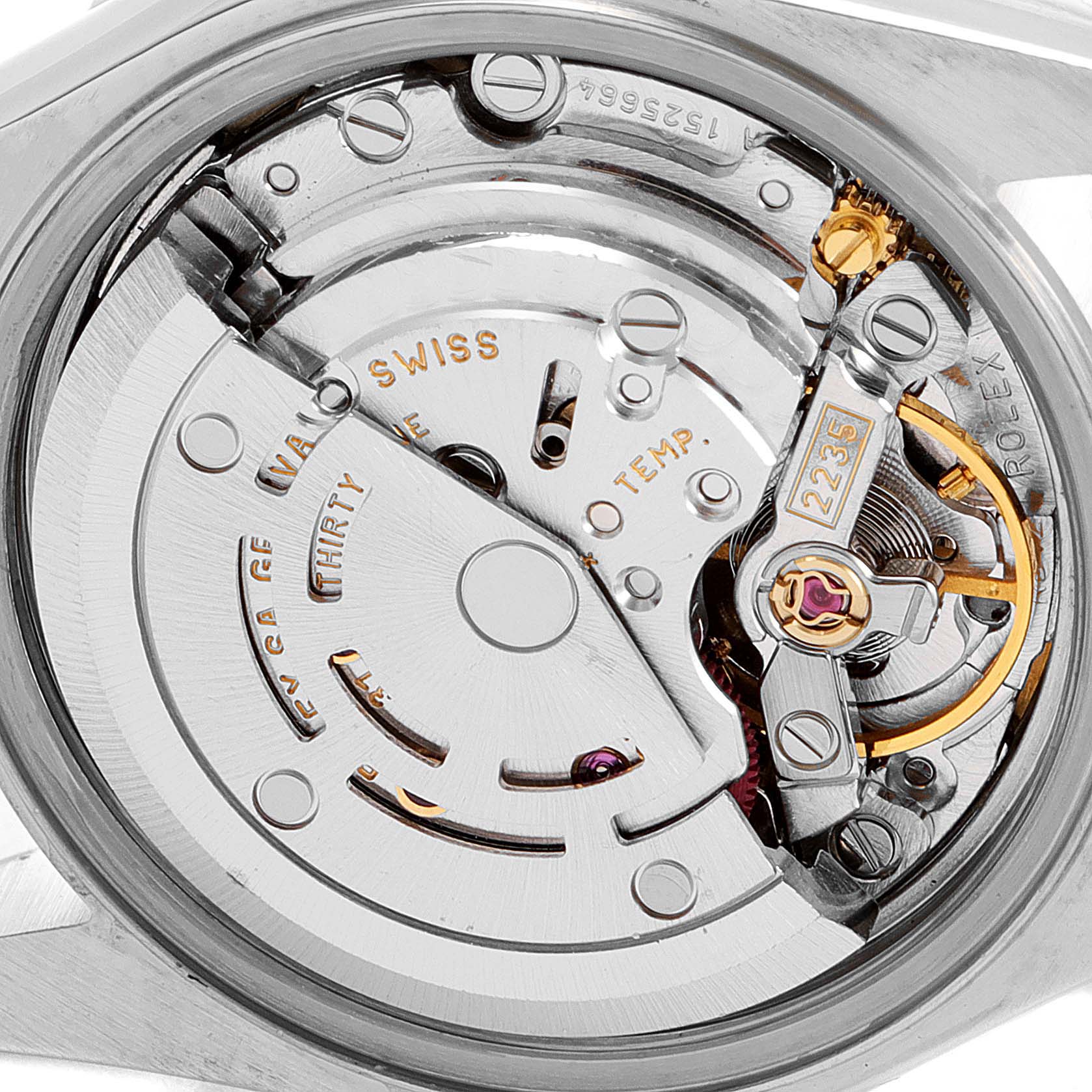 This image shows the internal mechanical movement of a Rolex Datejust 79173 Women's Steel and Gold (two tone) Mother of Pearl Dial 79173 Women's Steel and Gold (two tone) Mother of Pearl Dial watch.