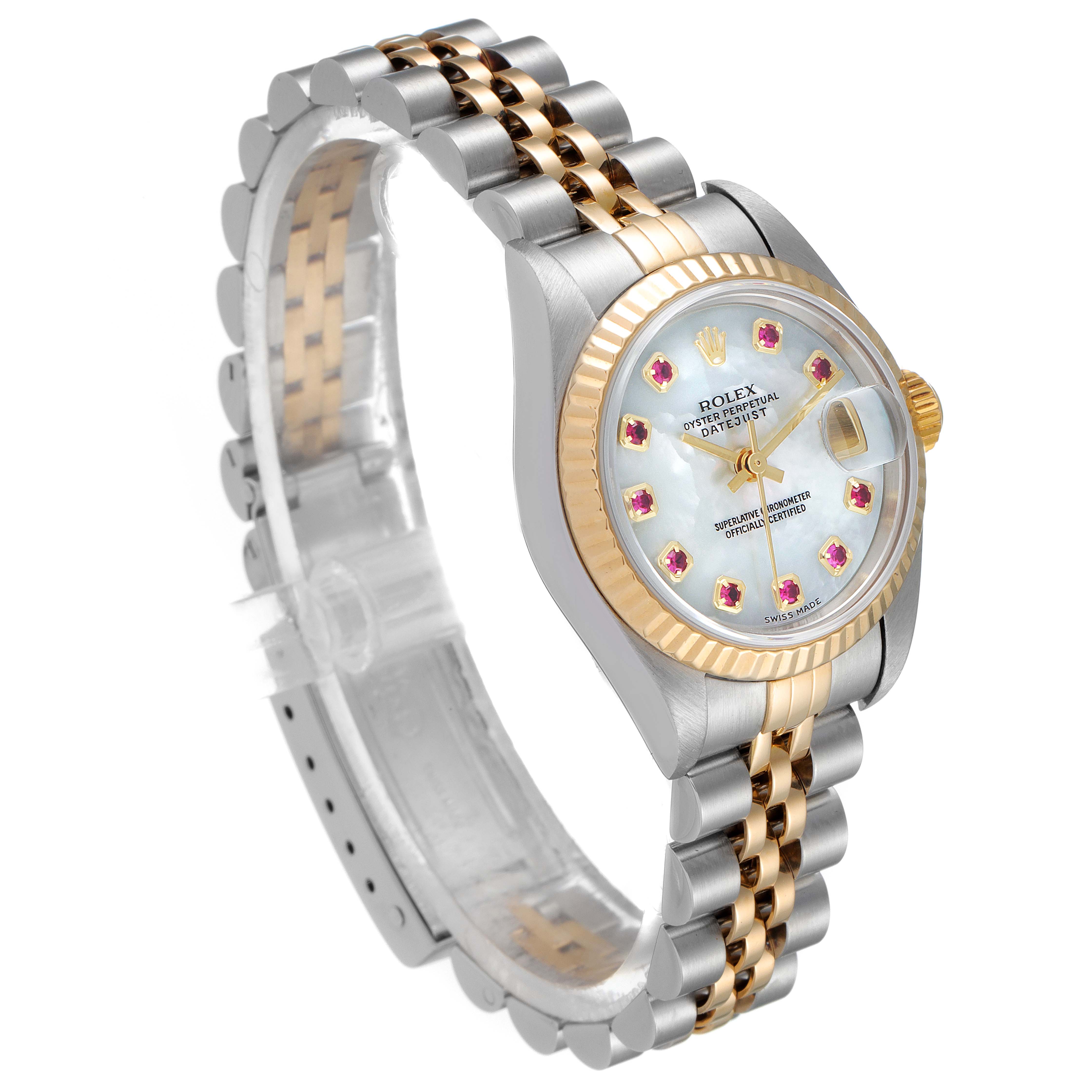 The image shows a Rolex Datejust 79173 Women's Steel and Gold (two tone) Mother of Pearl Dial 79173 Women's Steel and Gold (two tone) Mother of Pearl Dial watch angled from the upper left, highlighting its jubilee bracelet and fluted bezel.