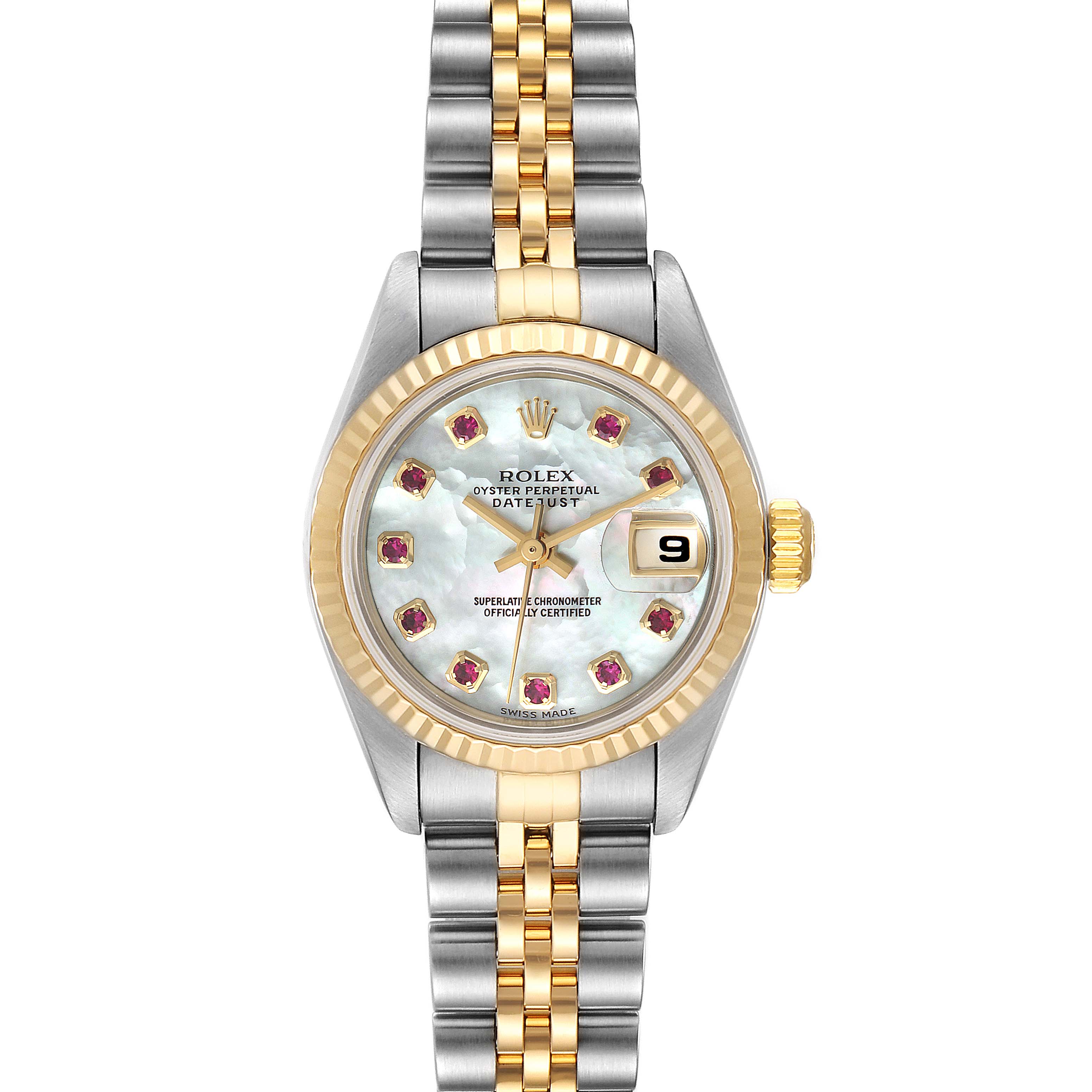 This image shows a frontal view of a Rolex Datejust 79173 Women's Steel and Gold (two tone) Mother of Pearl Dial 79173 Women's Steel and Gold (two tone) Mother of Pearl Dial watch with a two-tone bracelet and a mother-of-pearl dial.