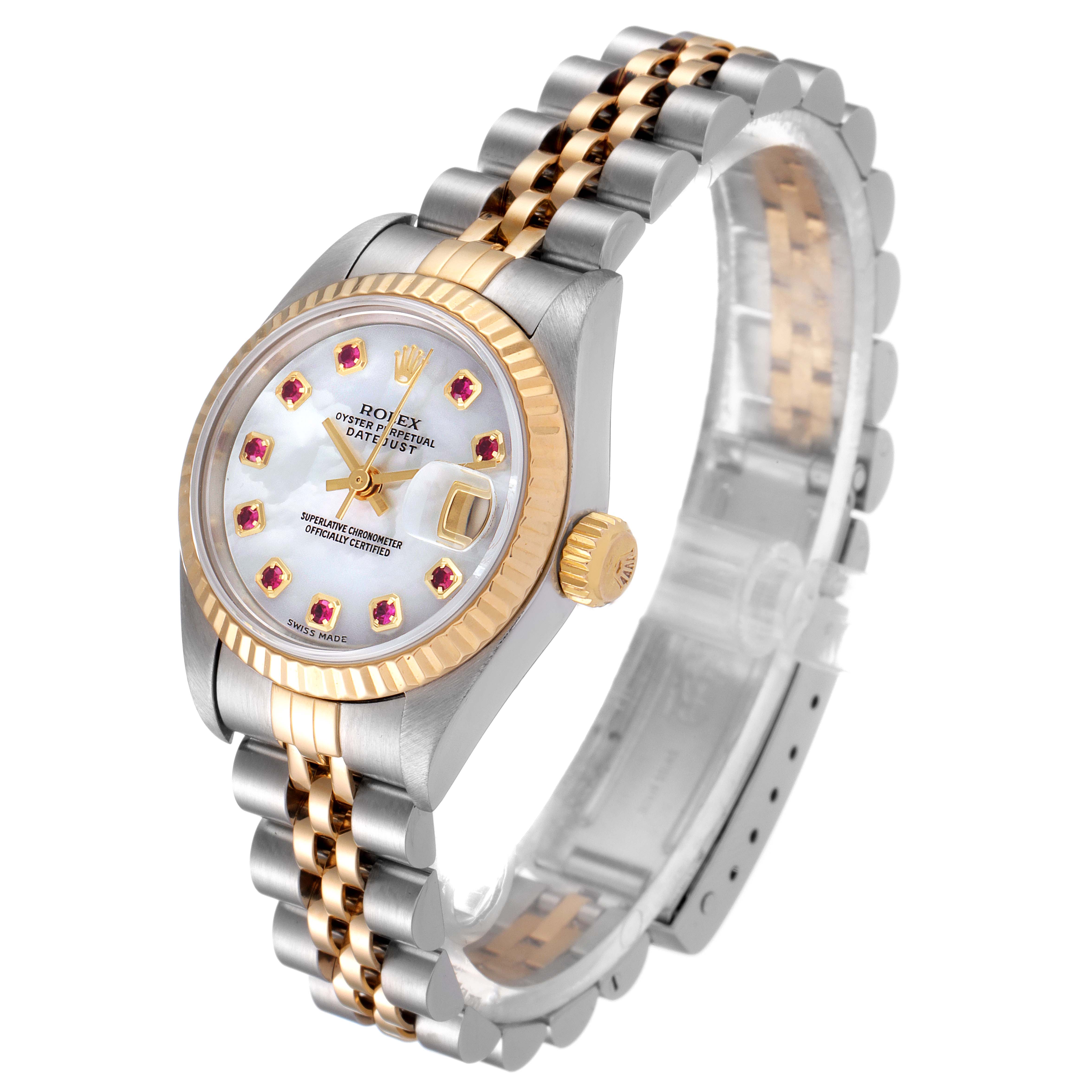 The image shows a Rolex Datejust 79173 Women's Steel and Gold (two tone) Mother of Pearl Dial 79173 Women's Steel and Gold (two tone) Mother of Pearl Dial watch at an oblique angle, highlighting its jubilee bracelet and fluted bezel.
