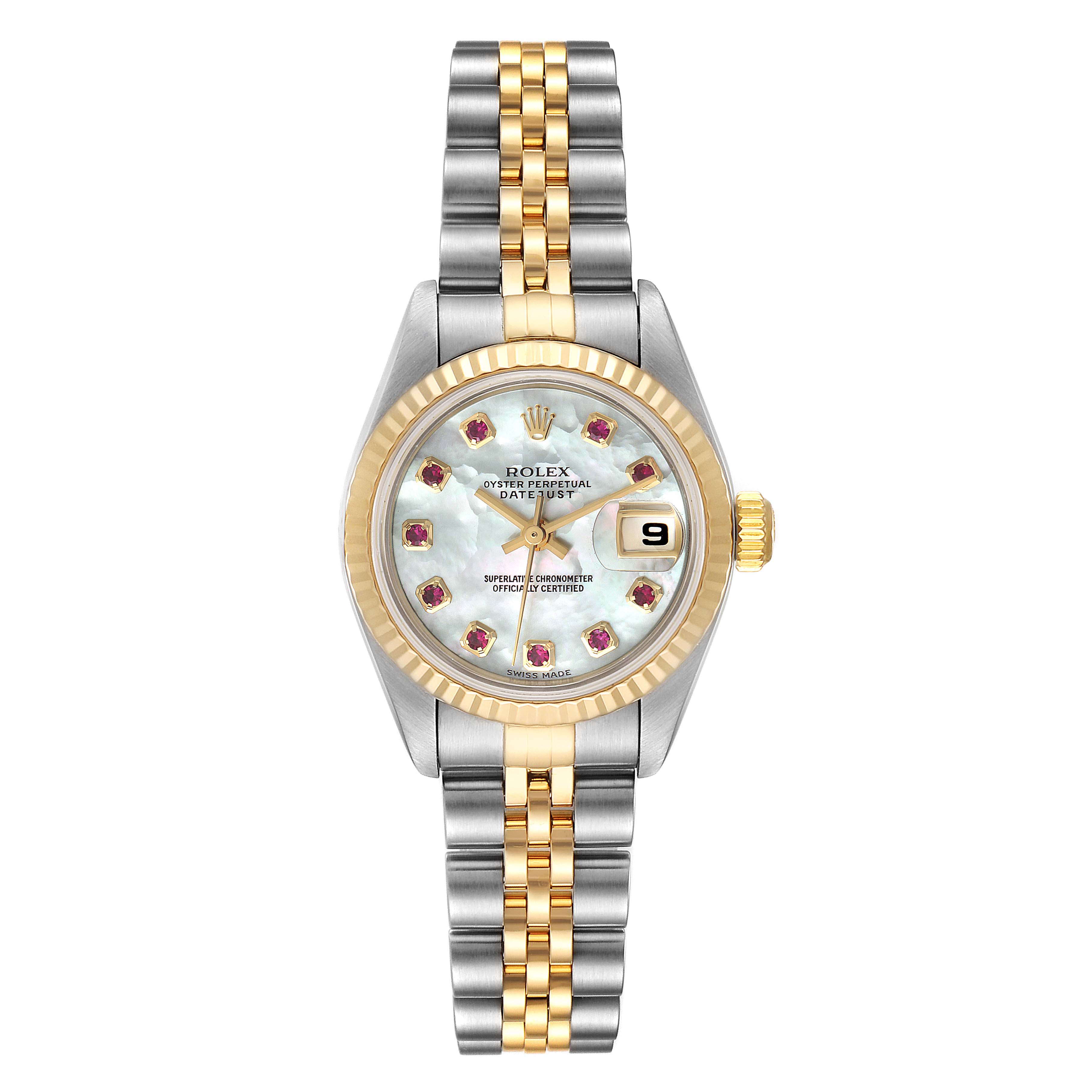 This Rolex Datejust 79173 Women's Steel and Gold (two tone) Mother of Pearl Dial 79173 Women's Steel and Gold (two tone) Mother of Pearl Dial model is shown from a straight-on angle, displaying the entire watch face and bracelet.
