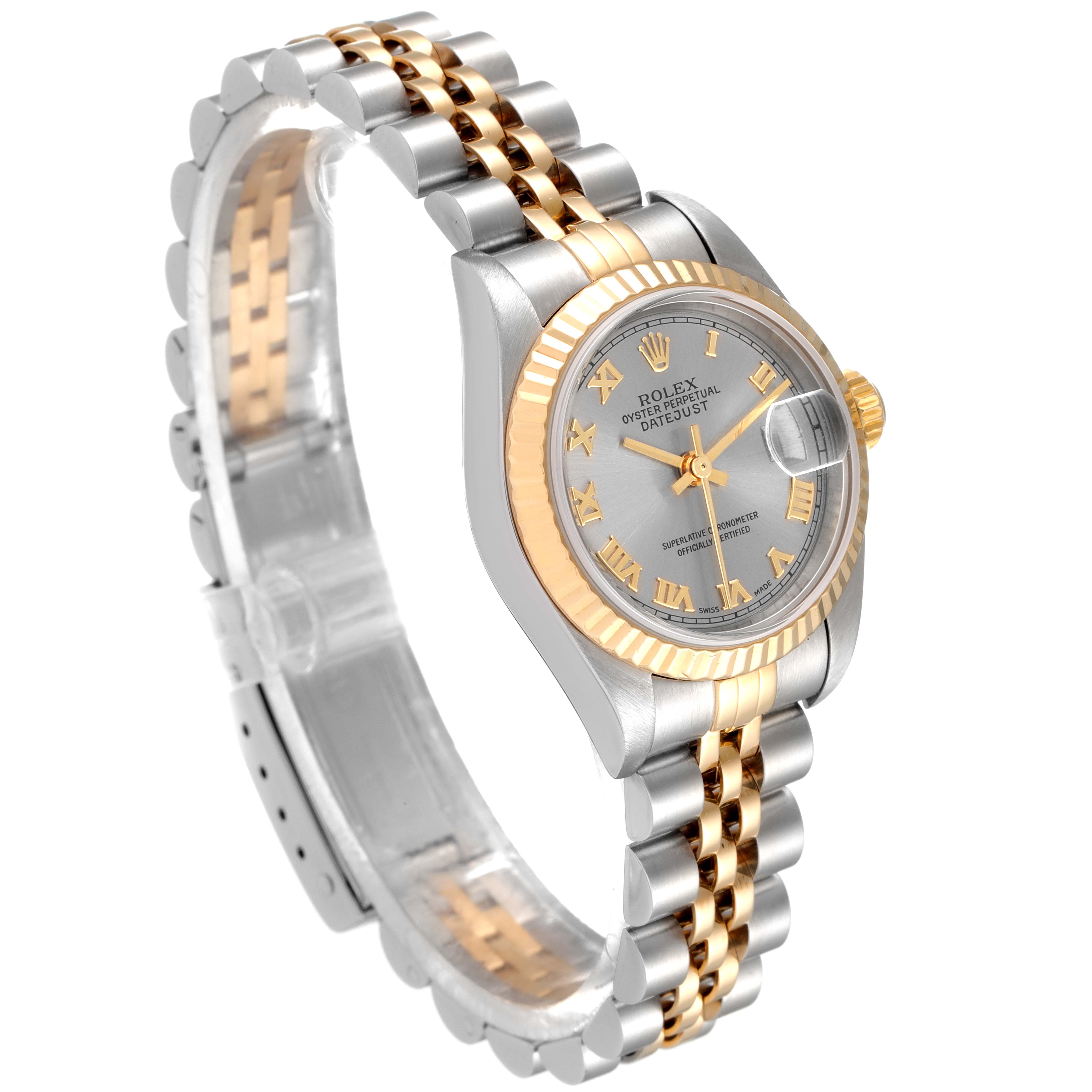 The image shows a Rolex Datejust 79173 Women
s Steel and Gold (two tone) Grey Dial 79173 Women
s Steel and Gold (two tone) Grey Dial watch at a three-quarter angle, highlighting the case, dial, and two-tone bracelet.