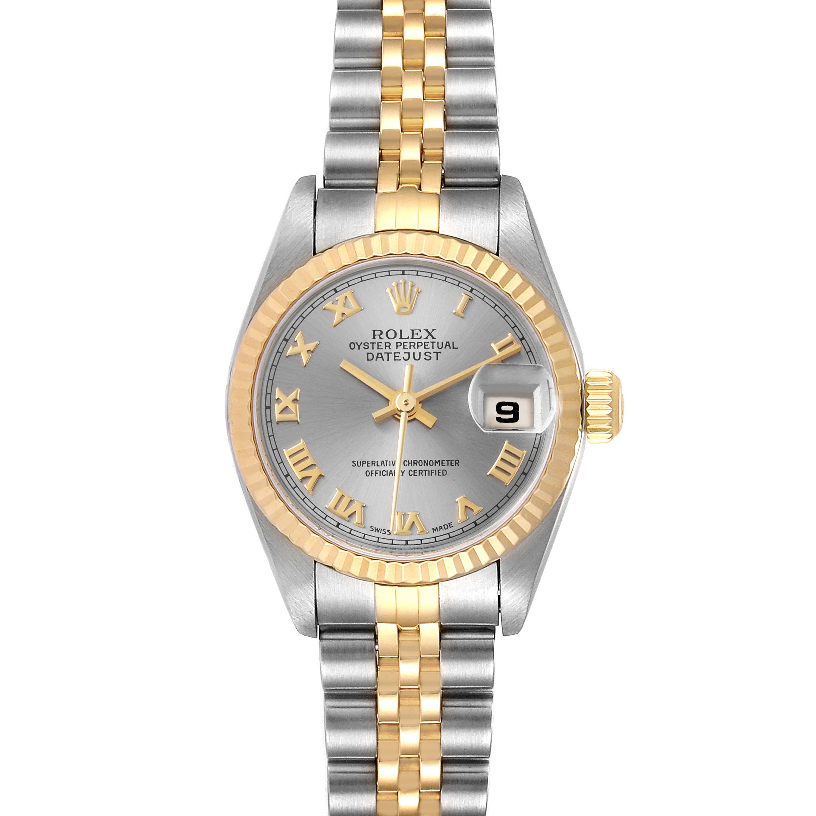 The image shows a front view of a Rolex Datejust 79173 Women
s Steel and Gold (two tone) Grey Dial 79173 Women
s Steel and Gold (two tone) Grey Dial watch, featuring a silver and gold Jubilee bracelet and a grey dial.
