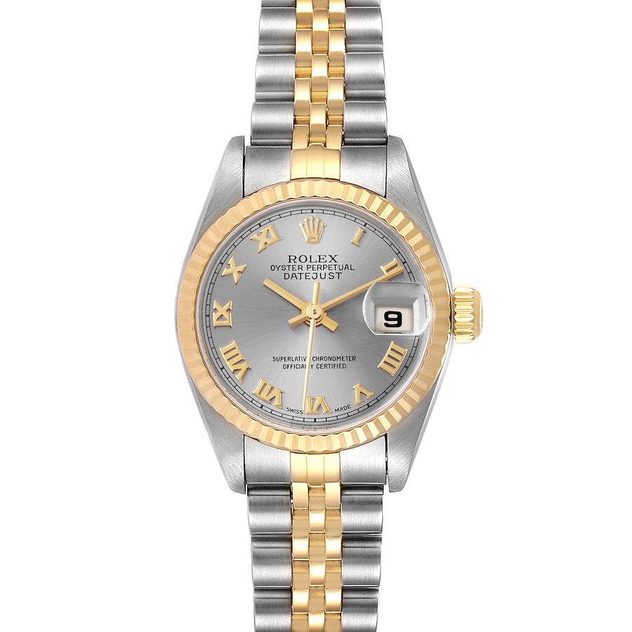 The image shows a front view of a Rolex Datejust watch, featuring a silver and gold Jubilee bracelet and a grey dial.